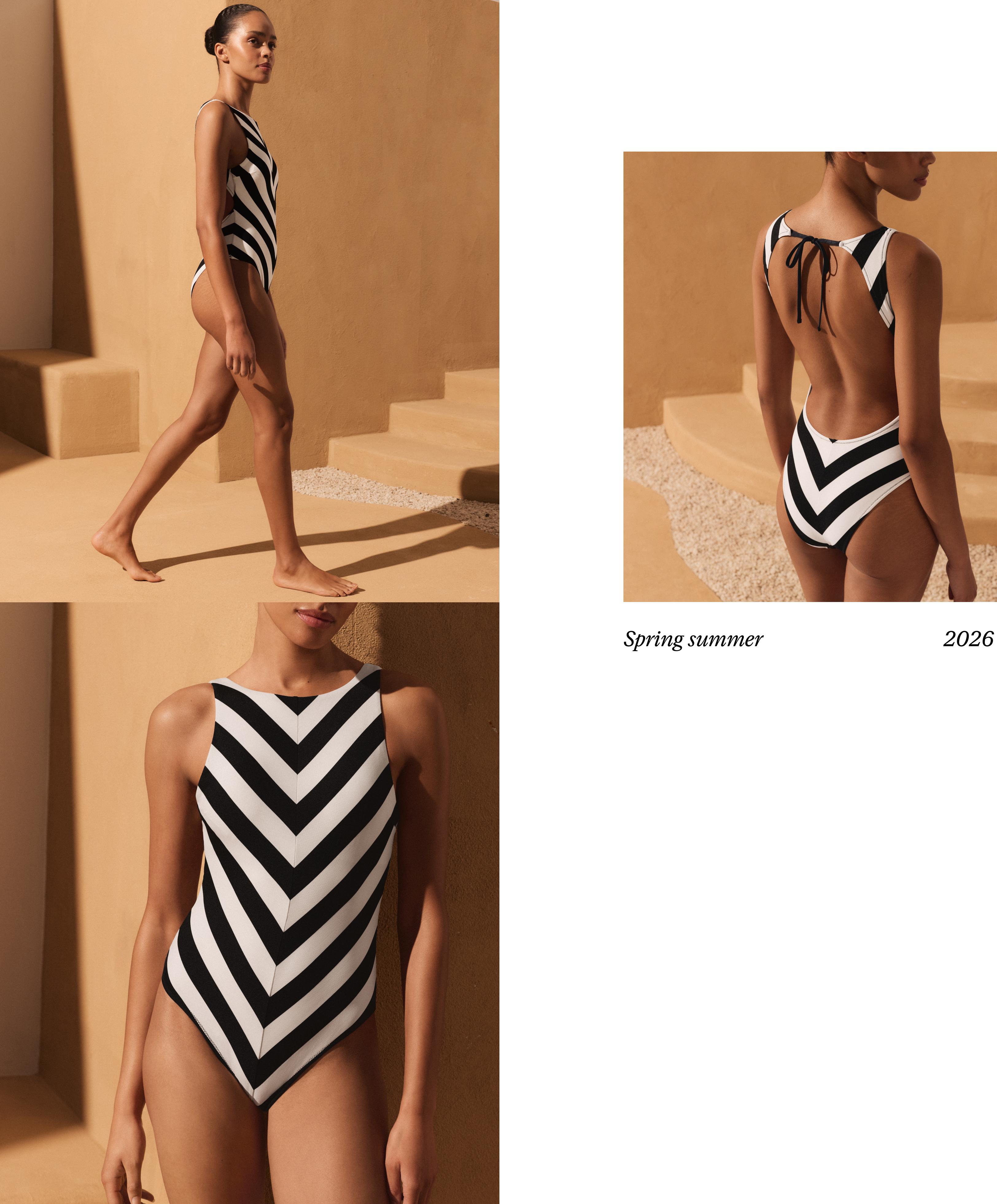 Diagonal stripe halter swimsuit — BLACK