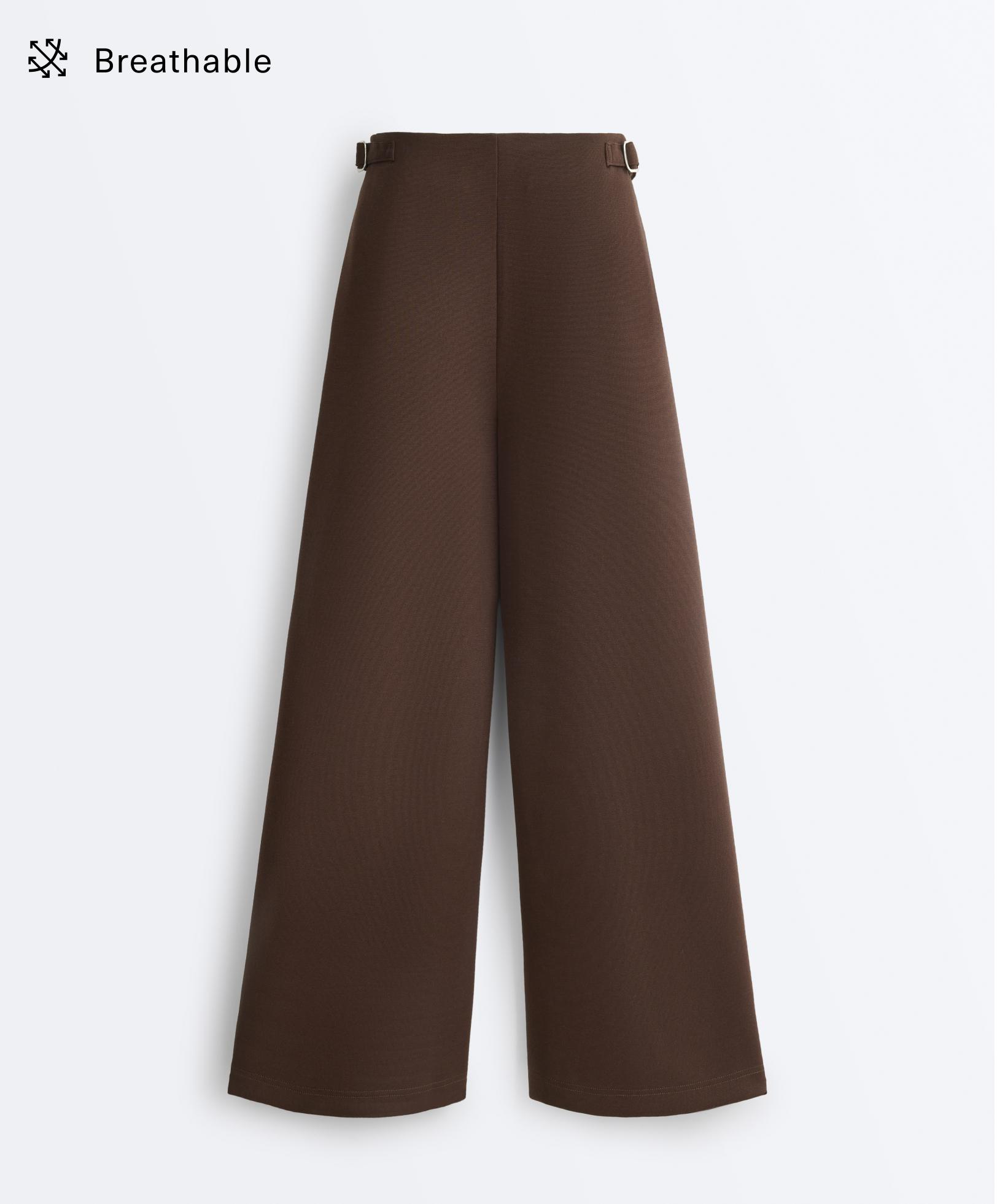 Wide-leg high rise pique trousers with buckles — DARK BROWN