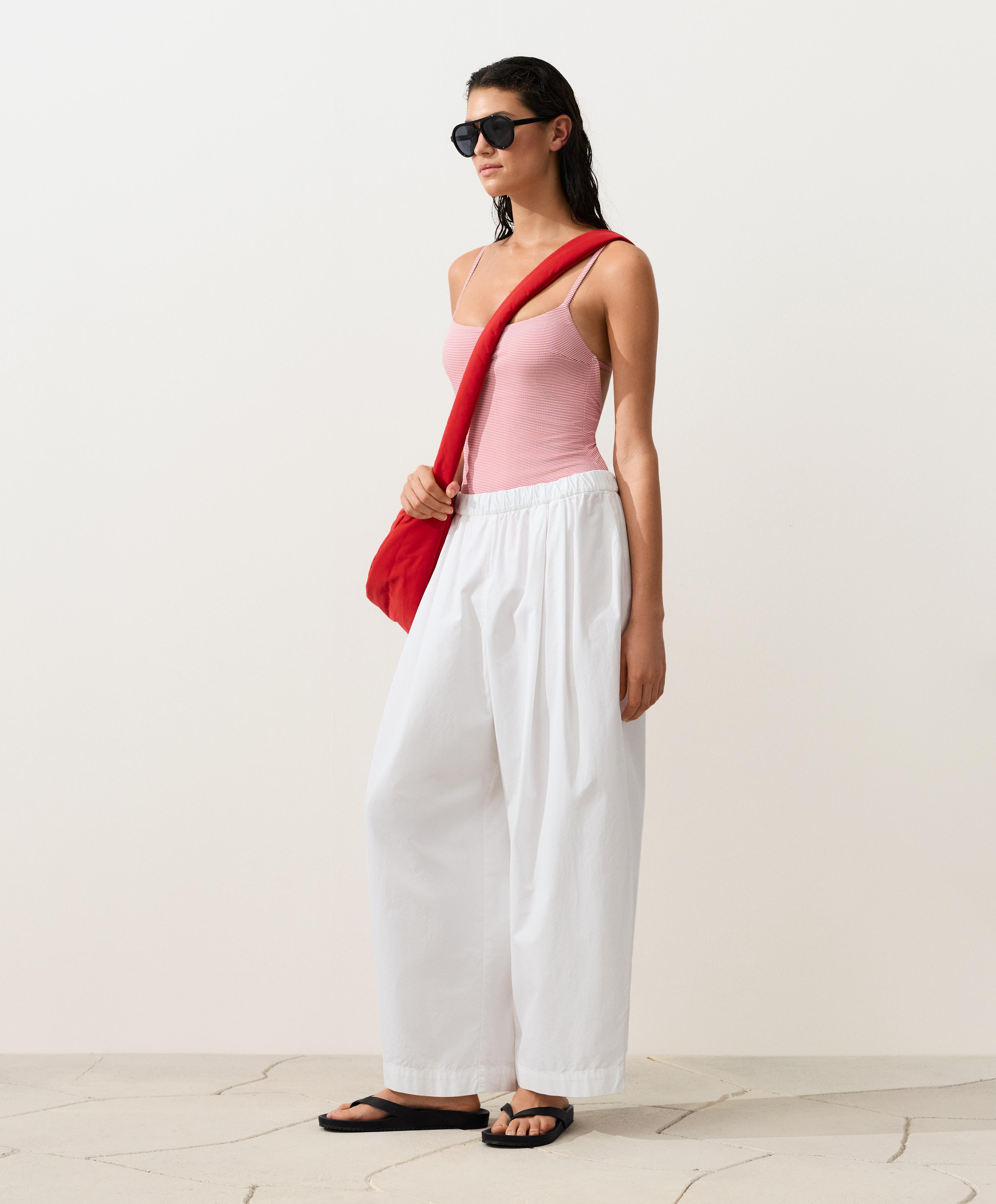 Stripe round neck swimsuit — RED