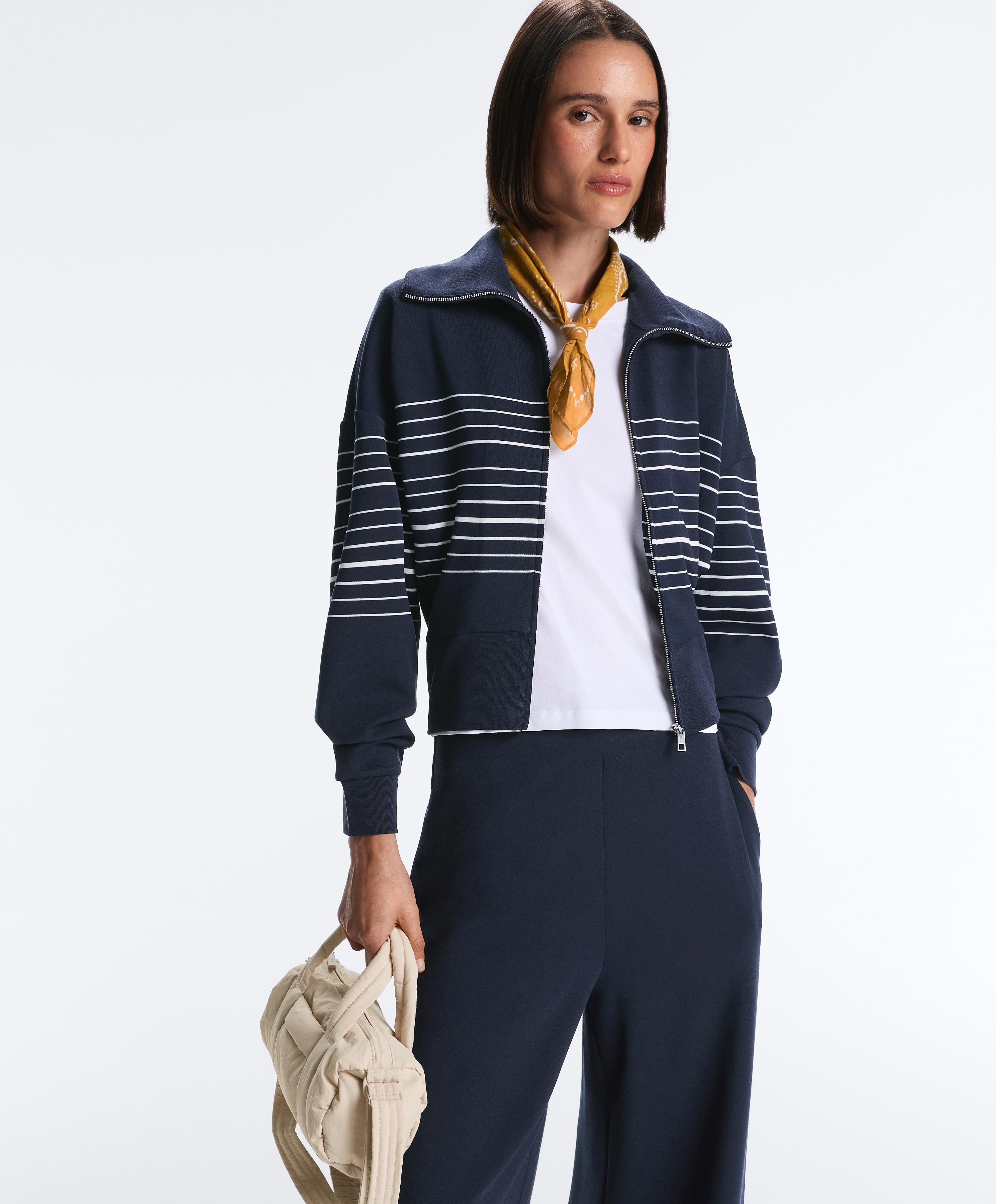 Soft-touch striped sailor jacket with modal — NAVY BLUE
