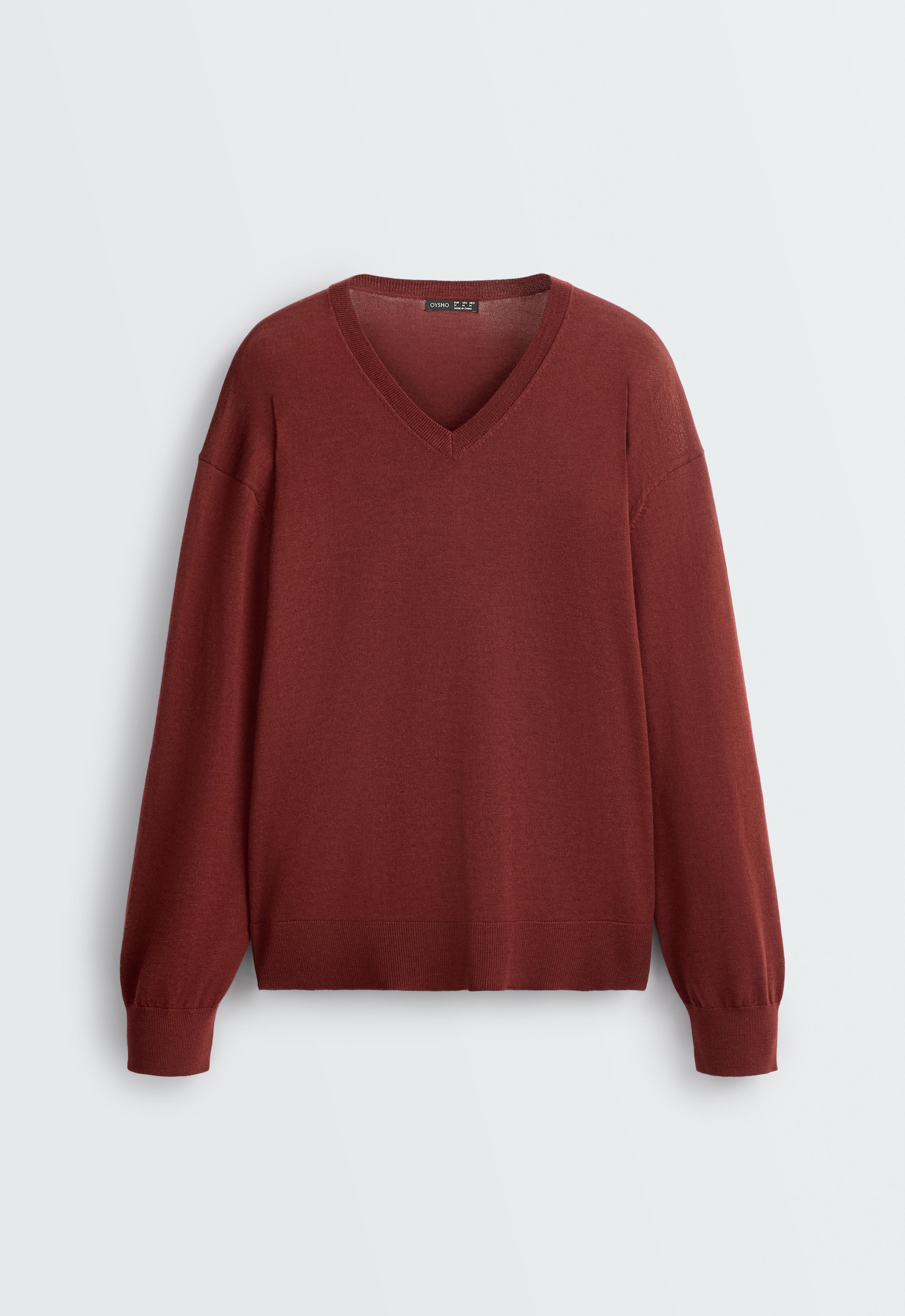 100% wool V-neck knit jumper — DARK BRICK