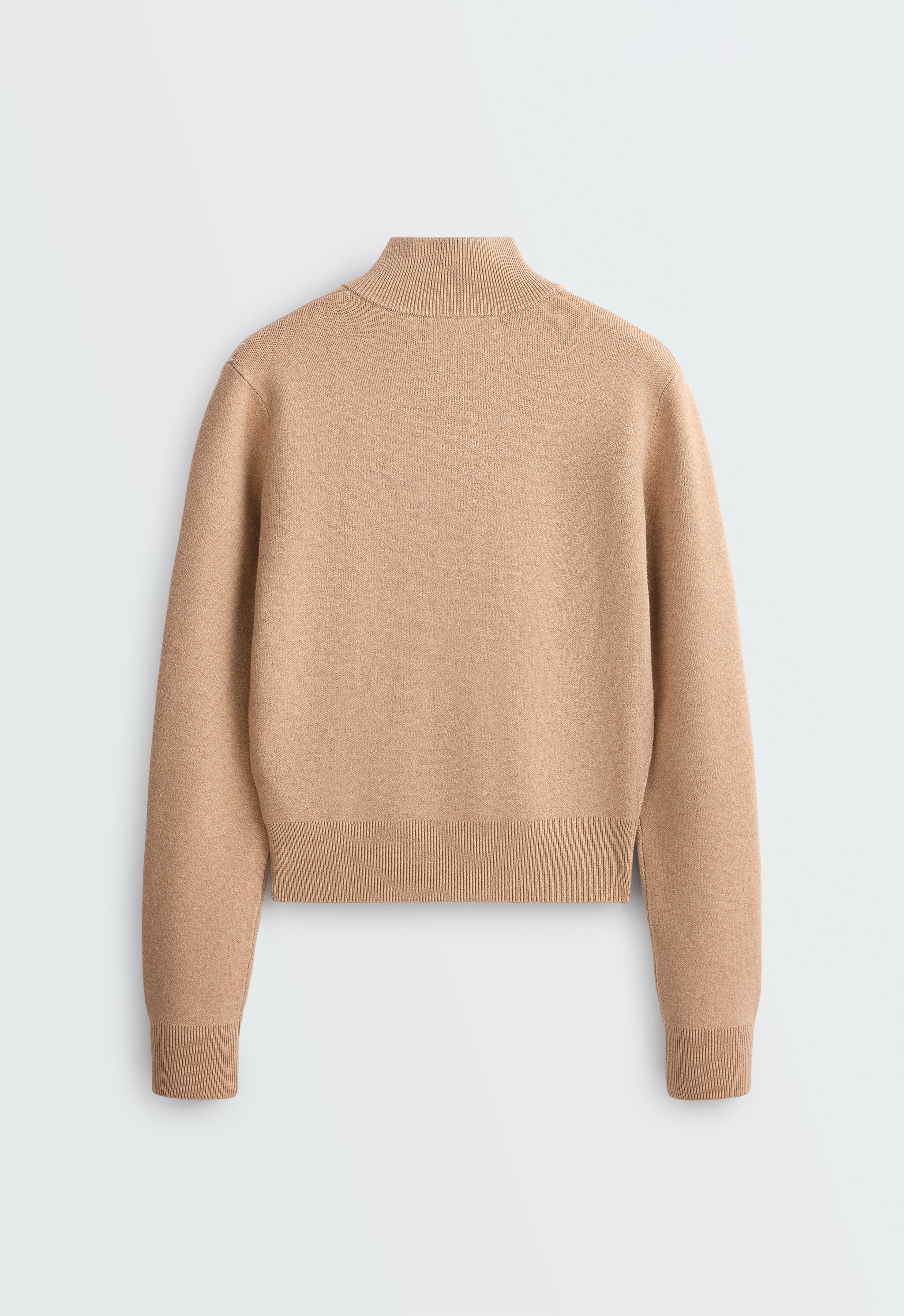 Contrast piping knit jacket — CAMEL
