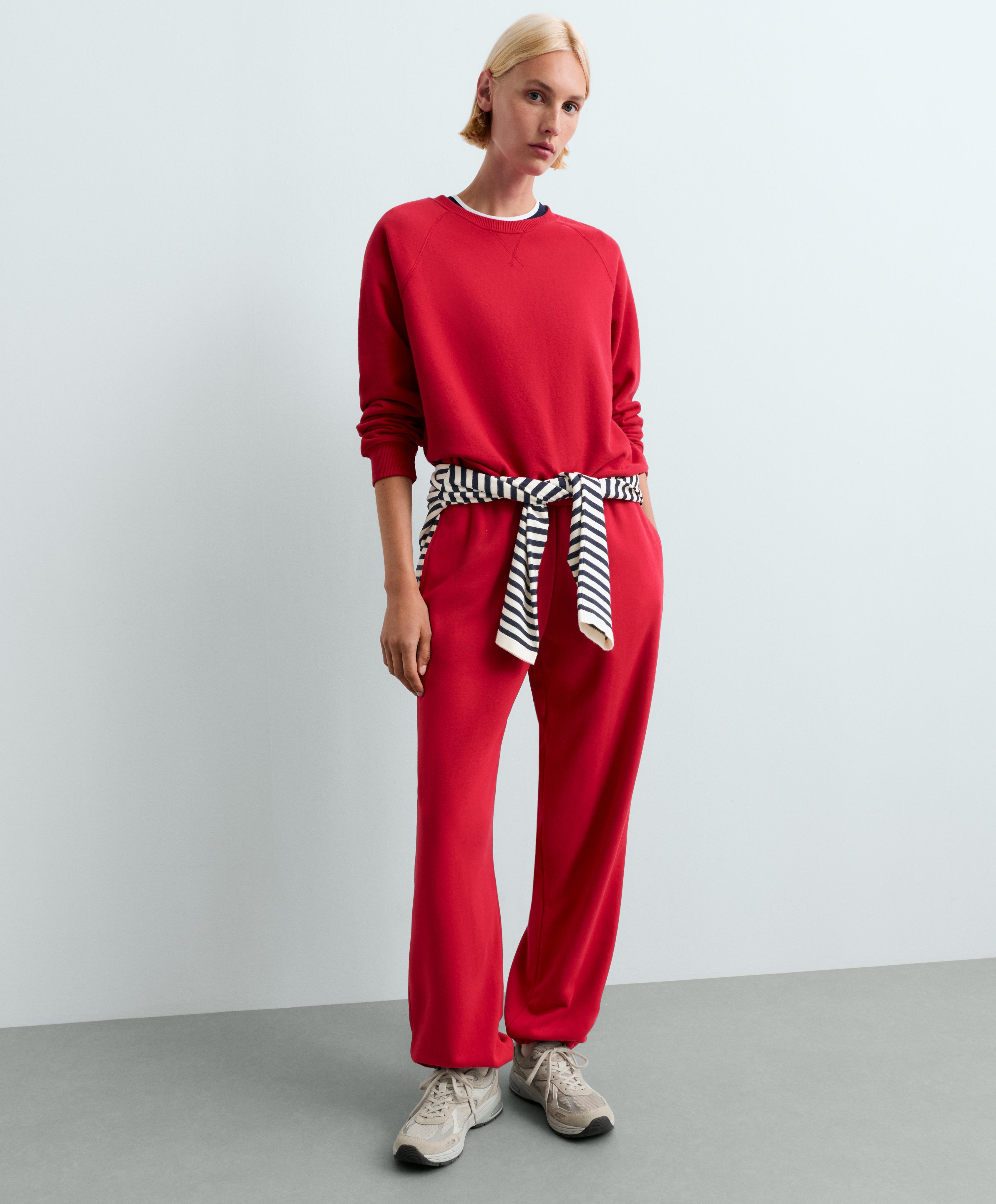 Cotton blend fleece straight-leg trousers — STRAWBERRY