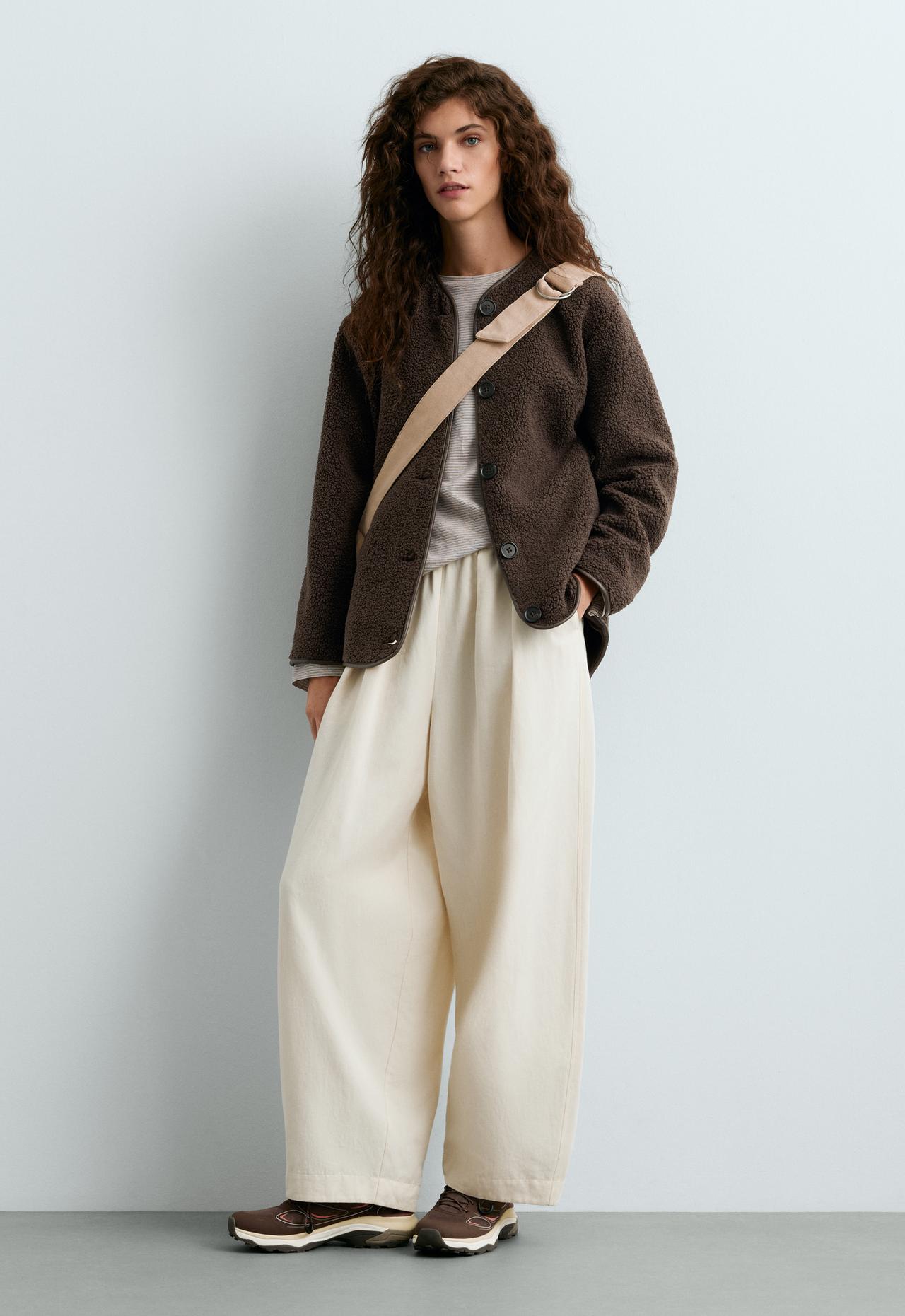Round-neck faux-shearling jacket — DARK BROWN