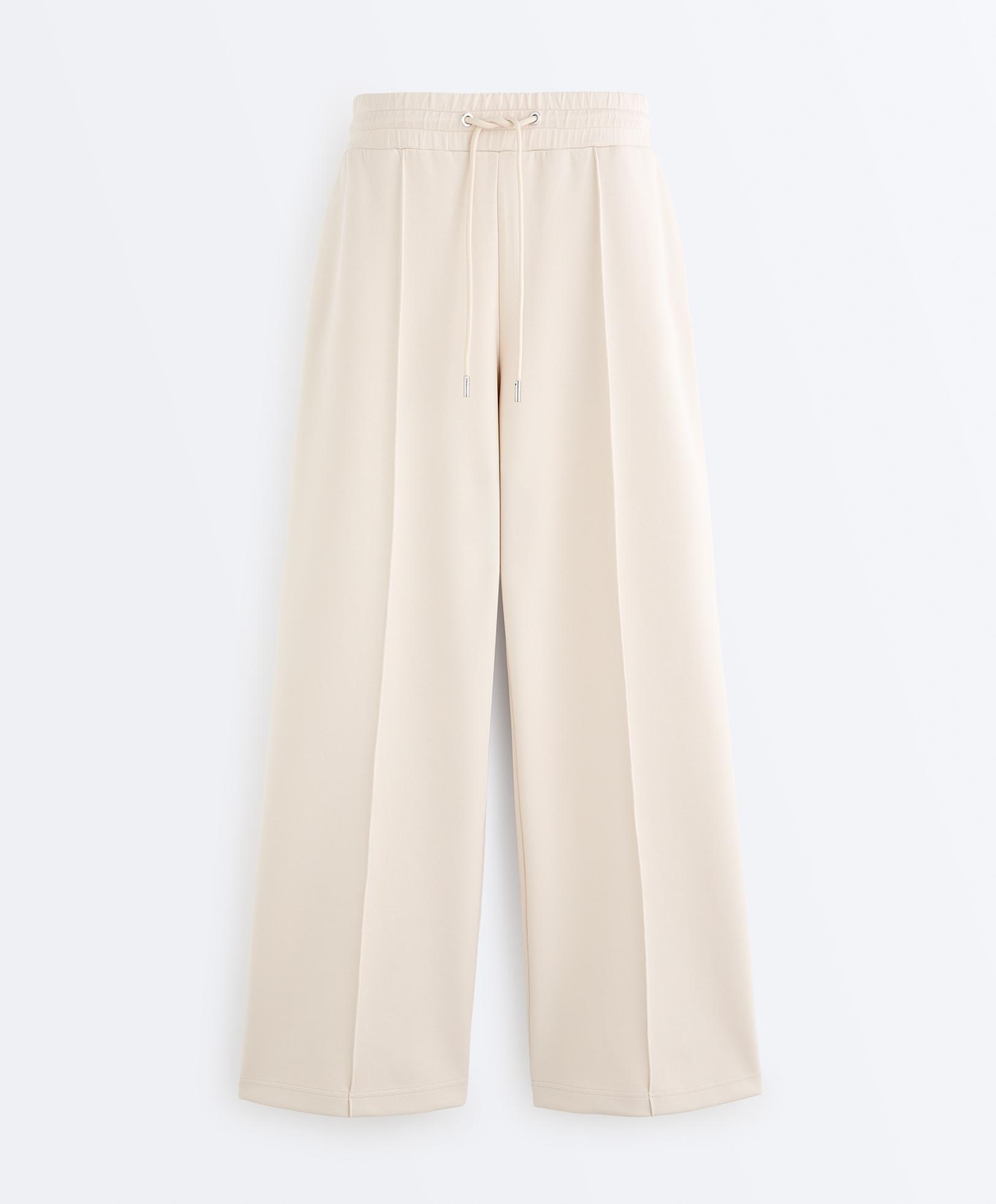 Cotton piqué straight-leg trousers with crease — PALE BEIGE