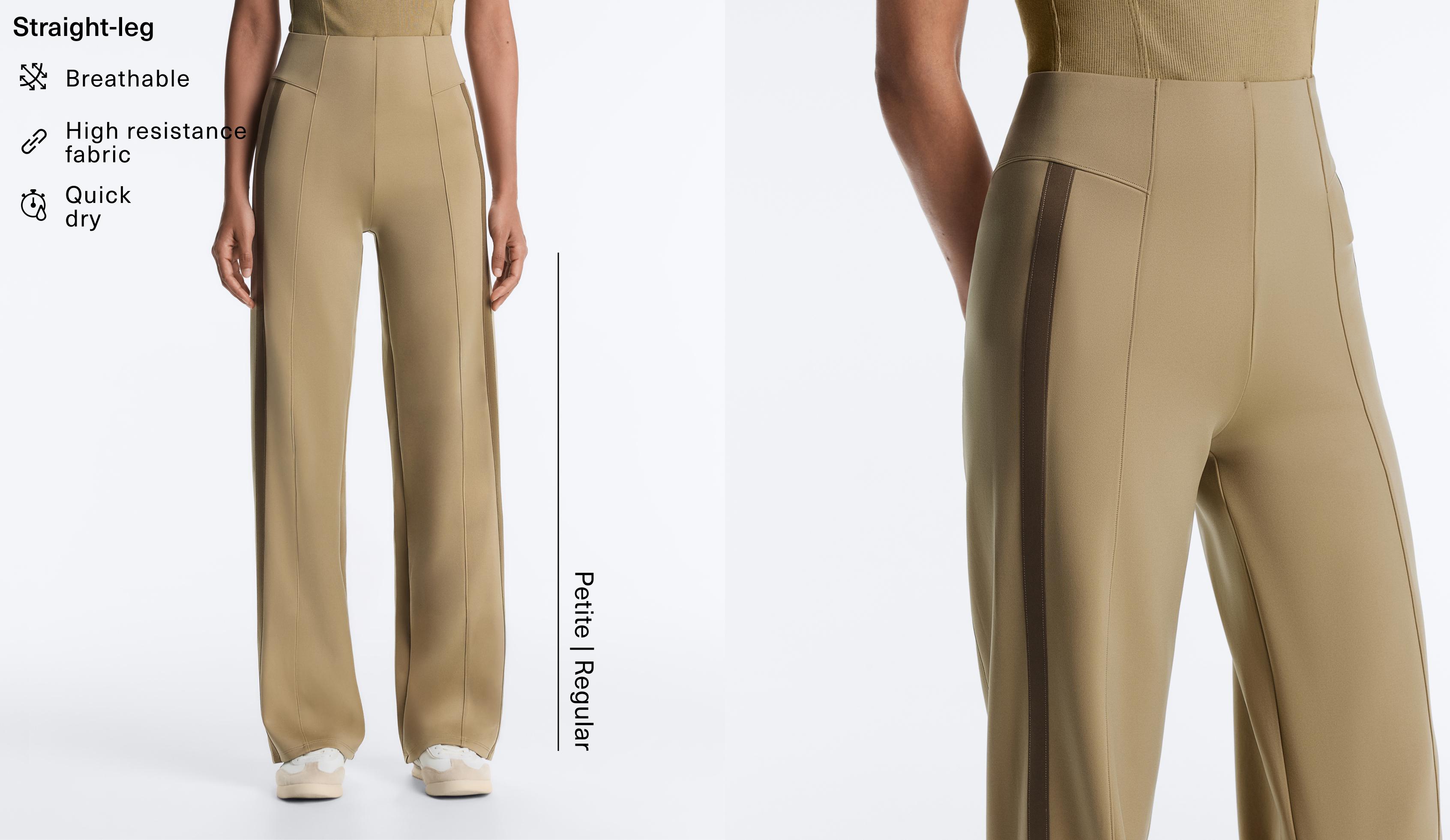 High rise neoprene-effect straight-leg trousers with piping — GREEN BEIGE