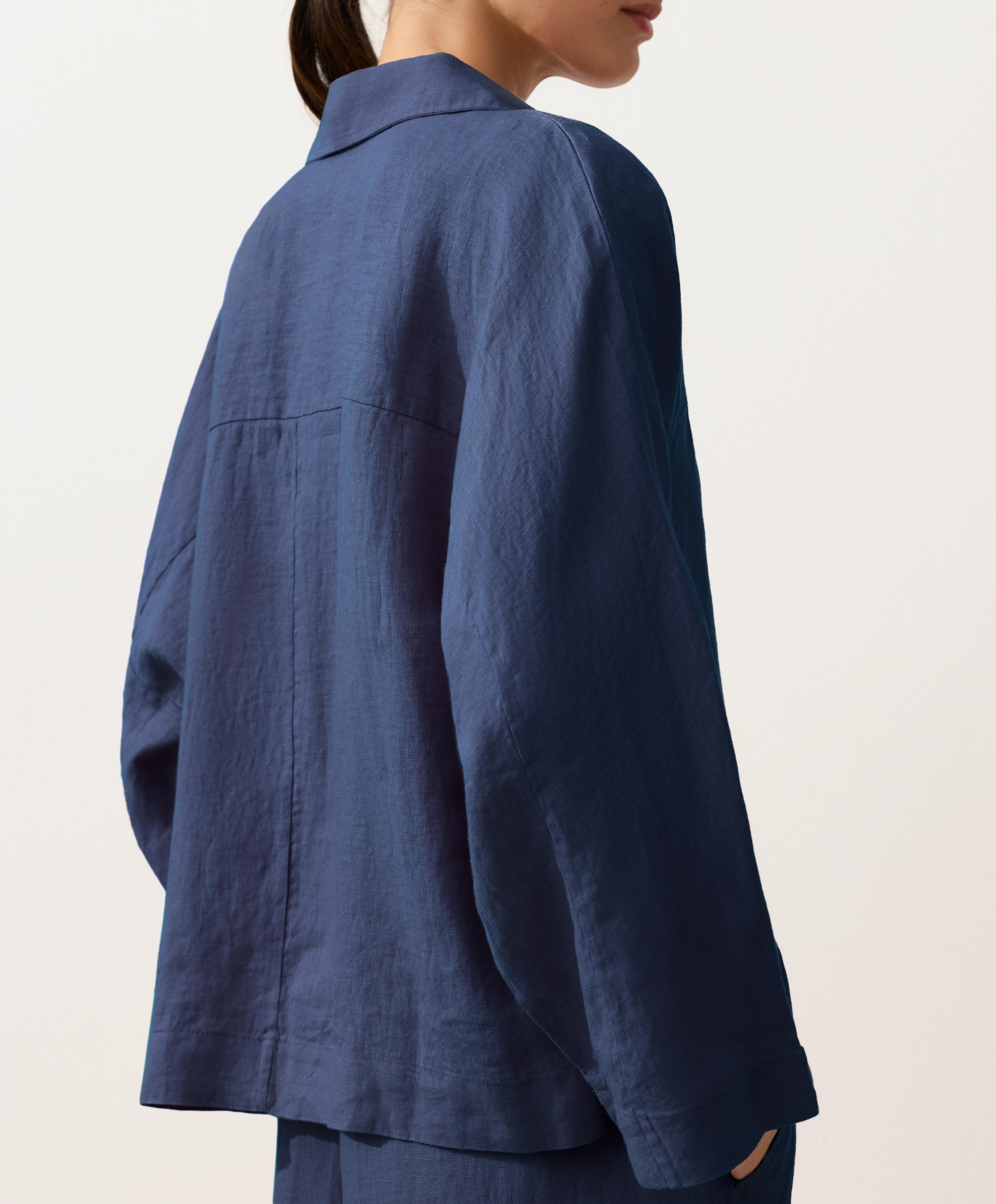 Oversize long-sleeve 100% linen polo shirt — NAVY
