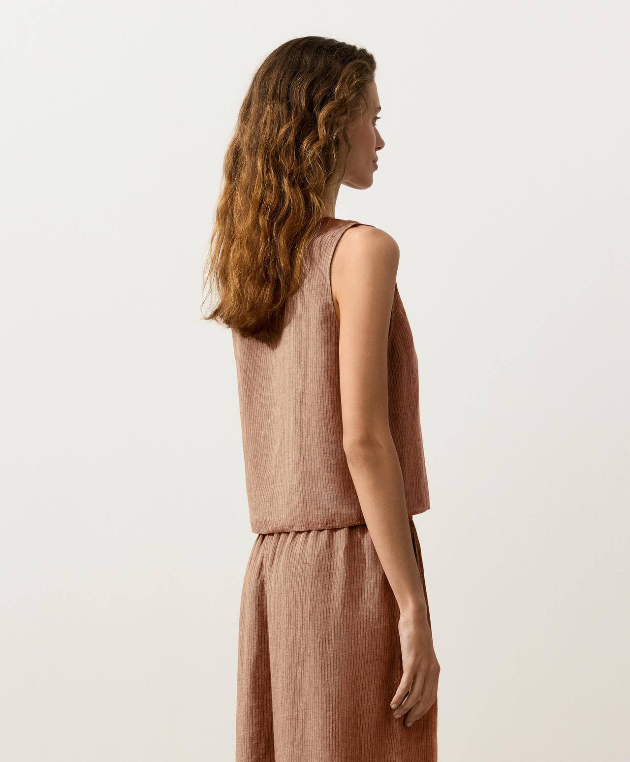100% linen square neck crossover tie top — TAN MELANGE