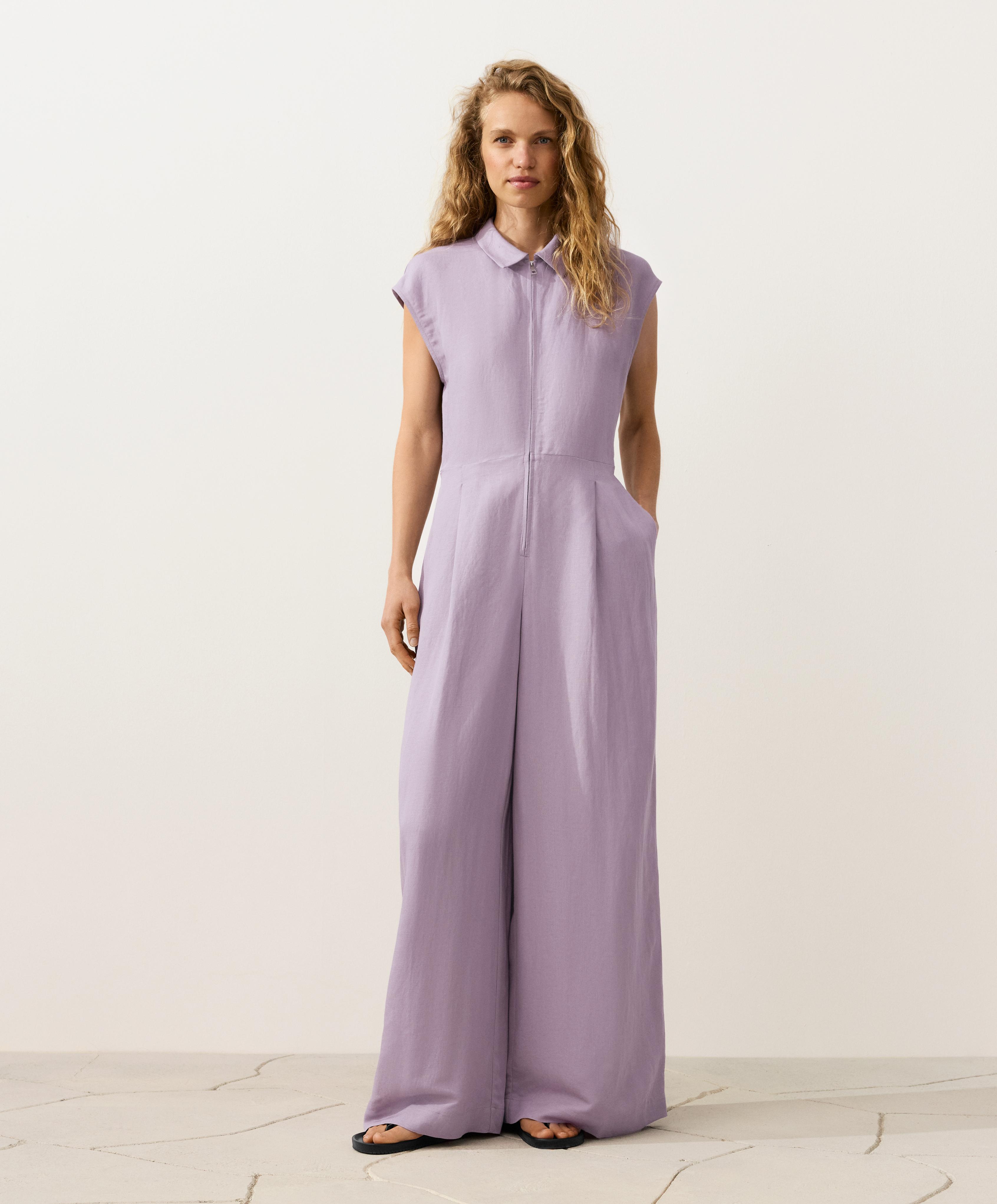 Linen long jumpsuit with lapel collar — LILAC