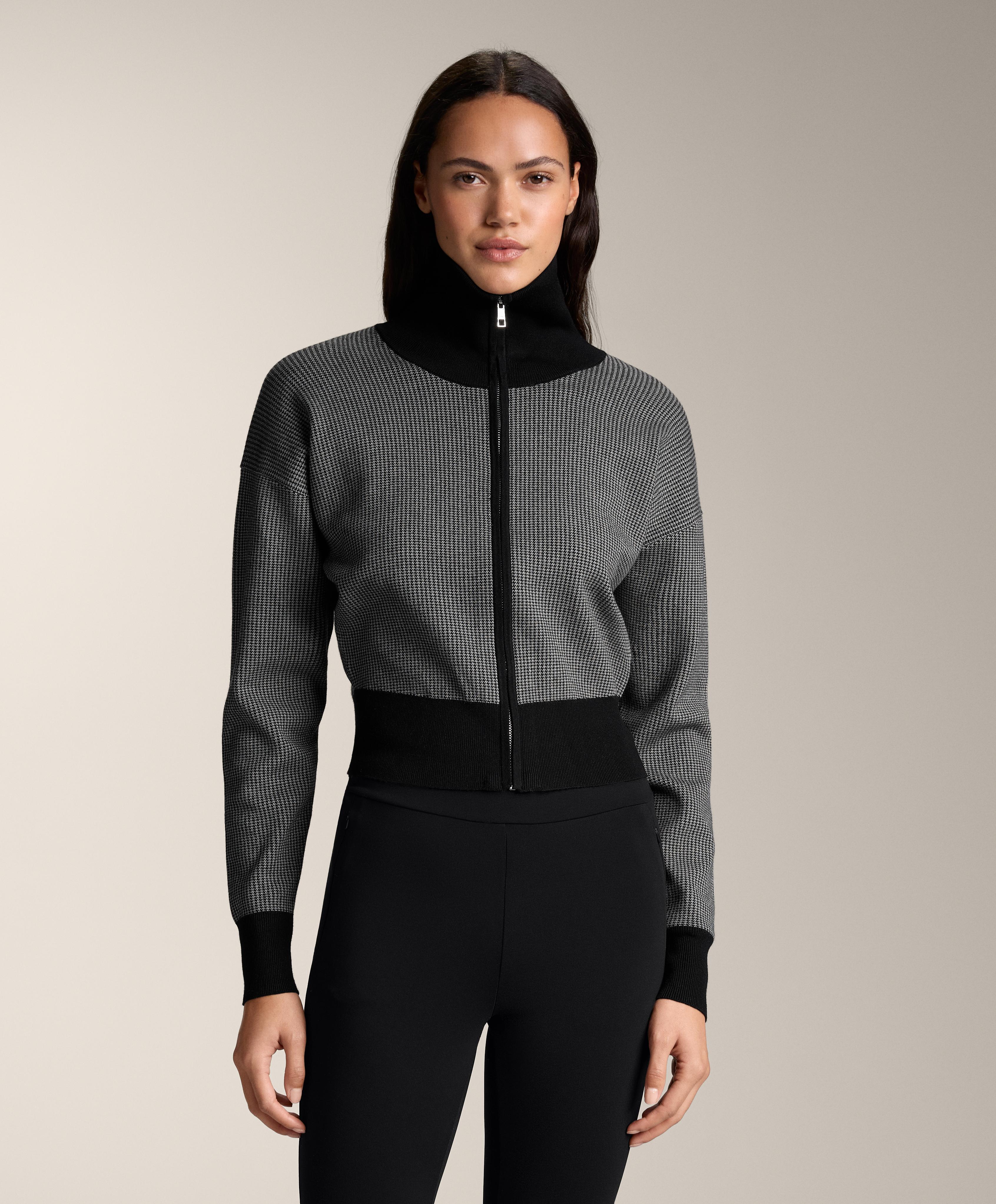 Houndstooth print knit jacket — BLACK