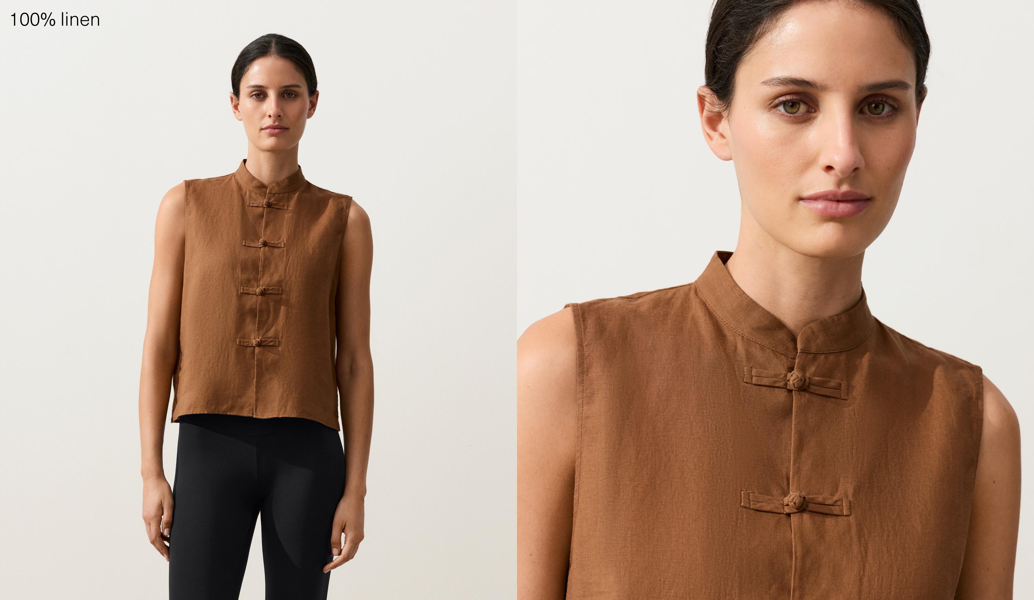 100% linen sleeveless stand-up collar shirt — TOFFEE