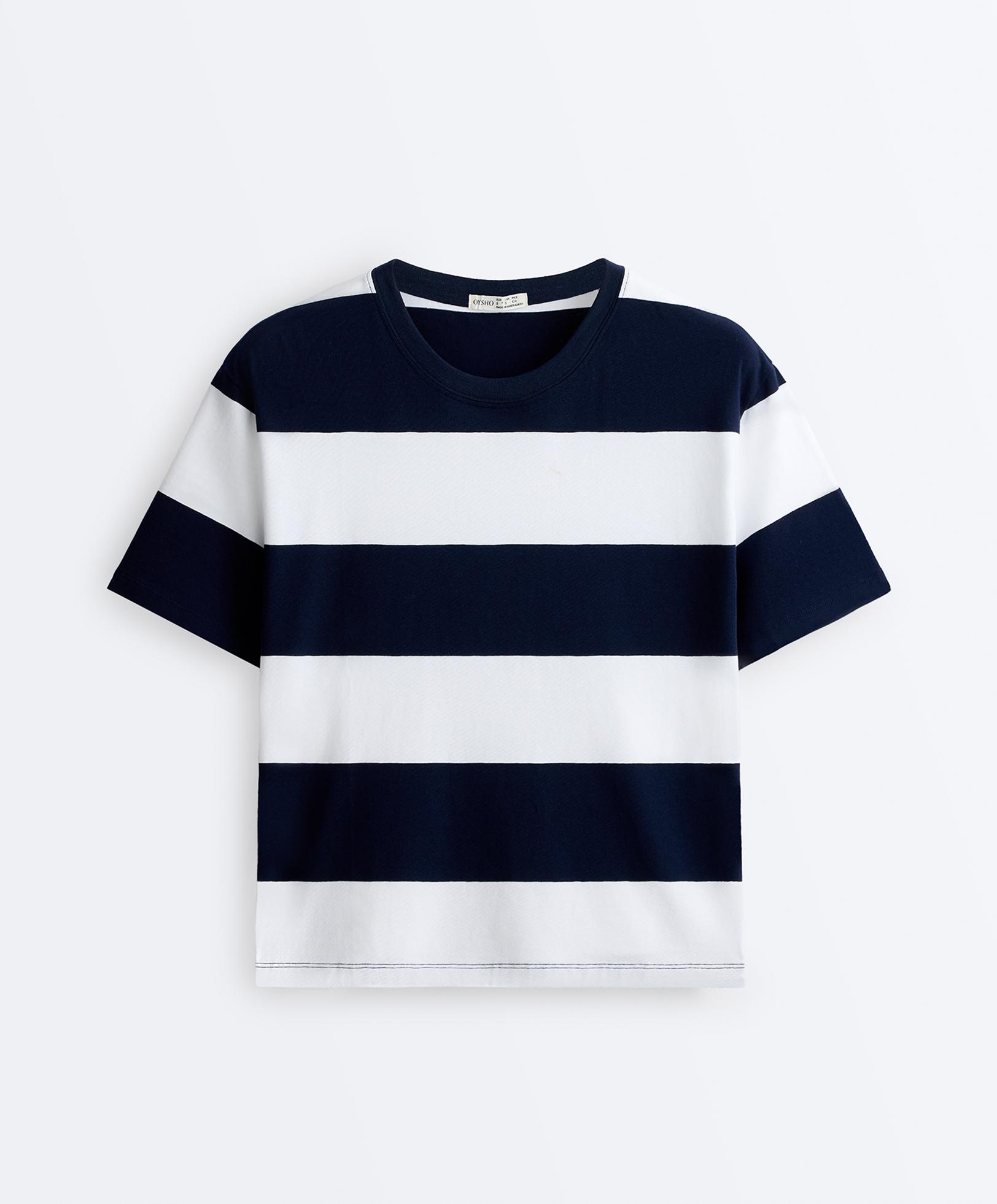 Boxy cotton-blend T-shirt with wide stripes — NAVY BLUE