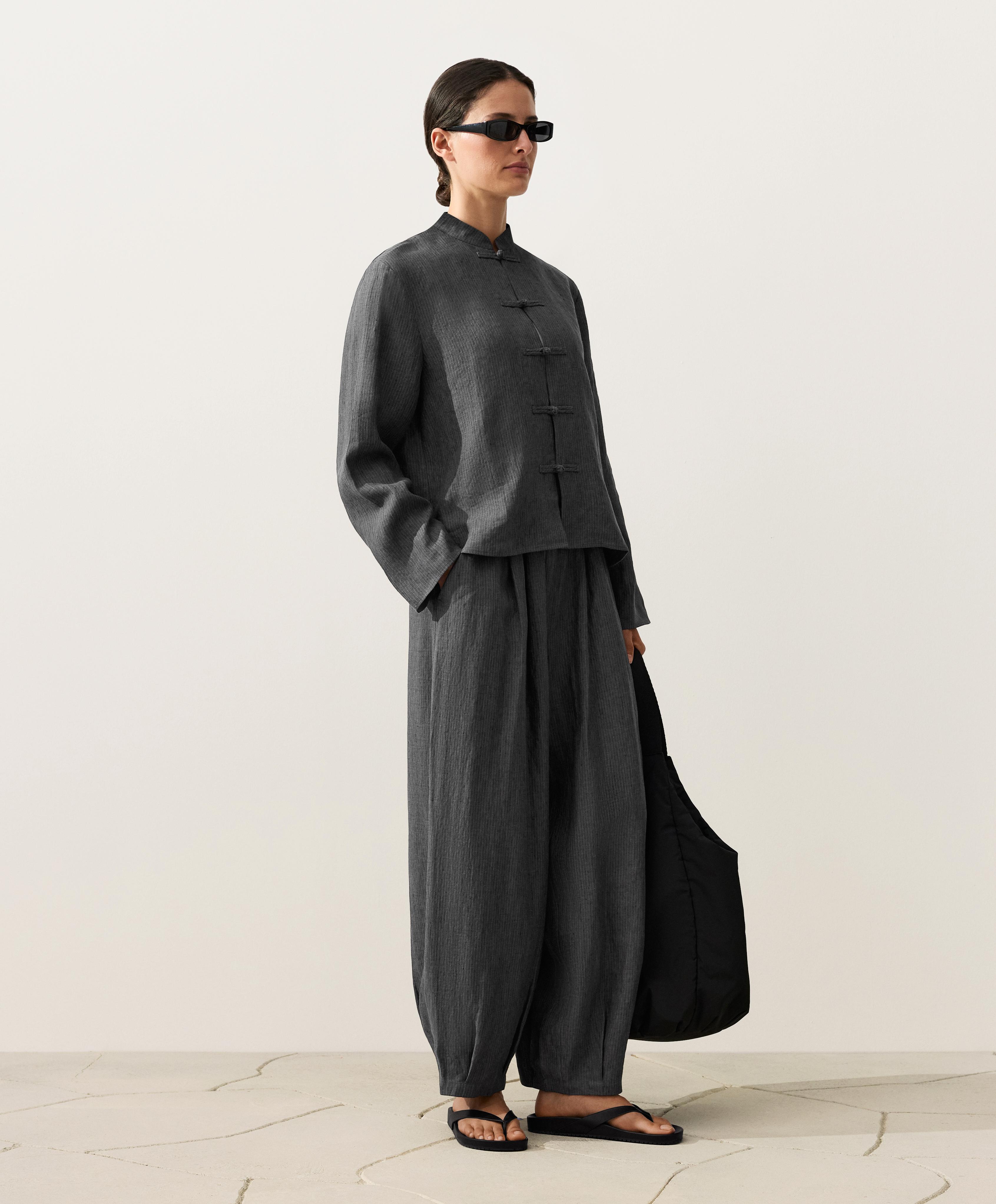 100% linen striped balloon trousers — DARK ANTHRACITE
