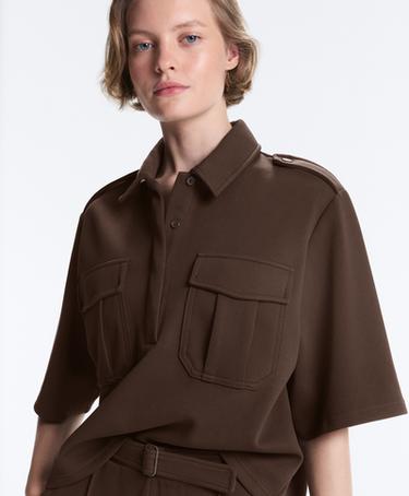 Utility short-sleeve sweatshirt with cotton piqué — DARK BROWN 4