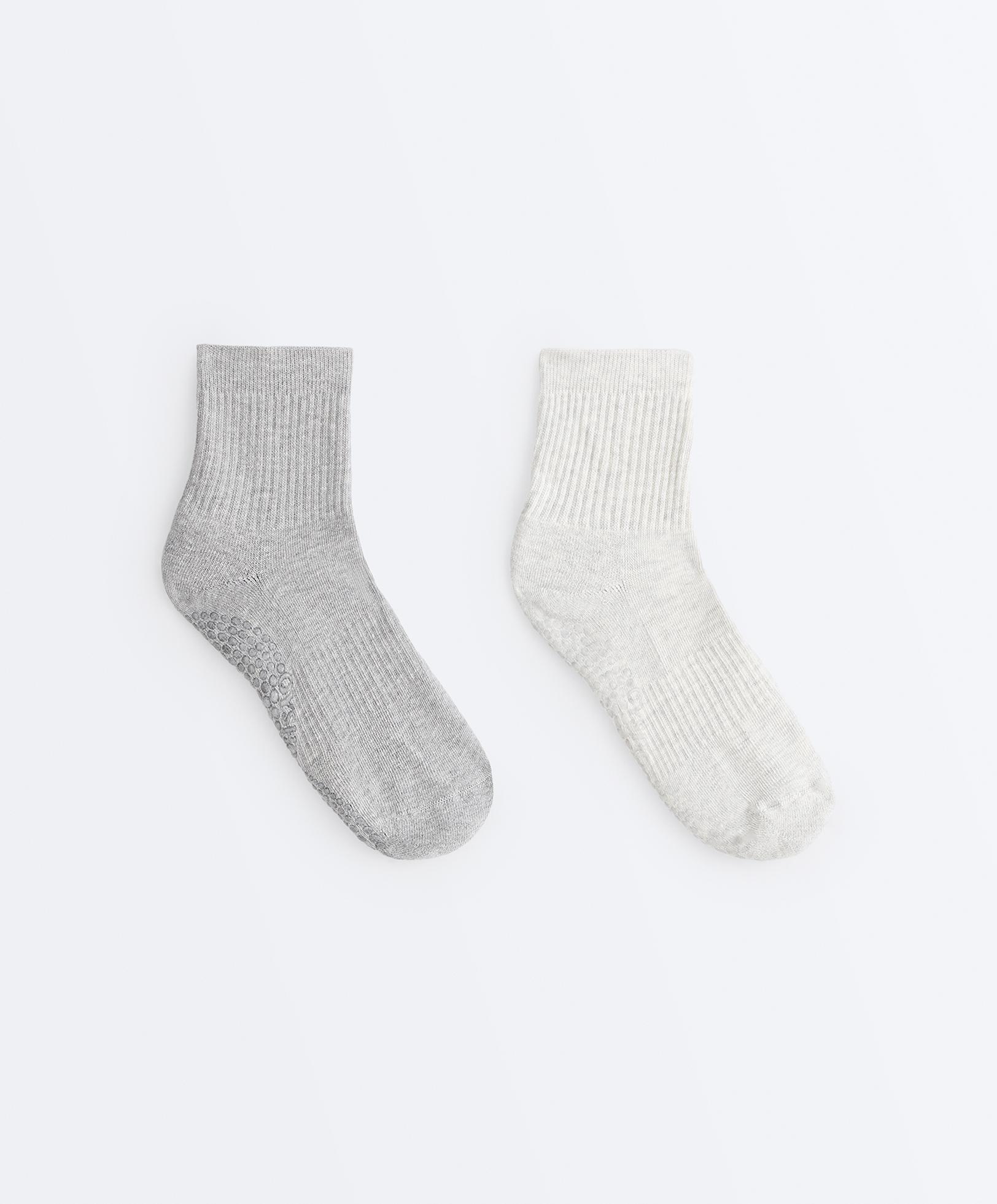 2 pairs of padded cotton quarter yoga and Pilates socks — PALE GREY MELANGE