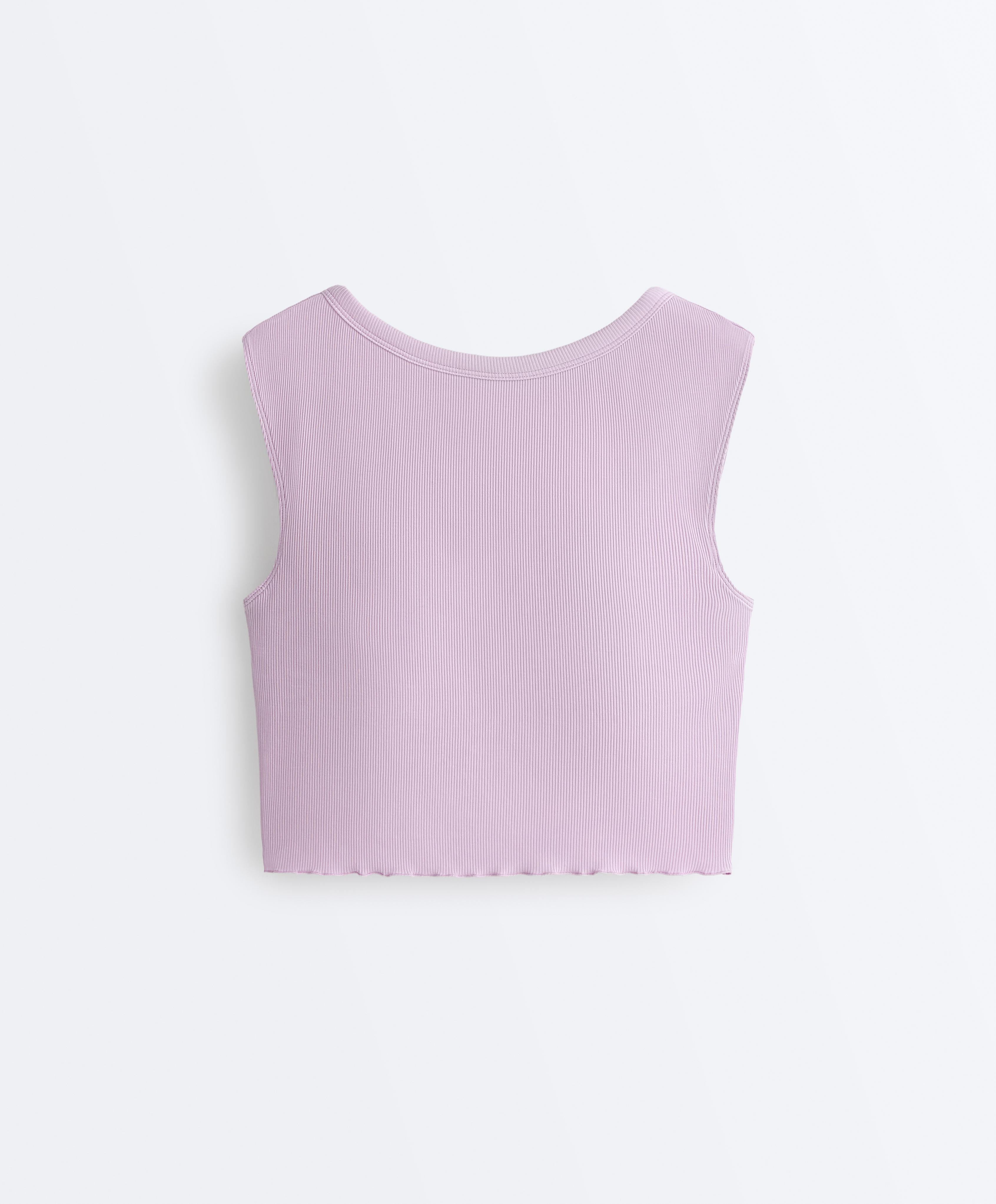 Rib modal blend short sleeve tank top with curling detail — LILAC