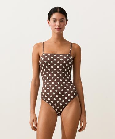 Polka dot piqué bandeau swimsuit — BROWN 1