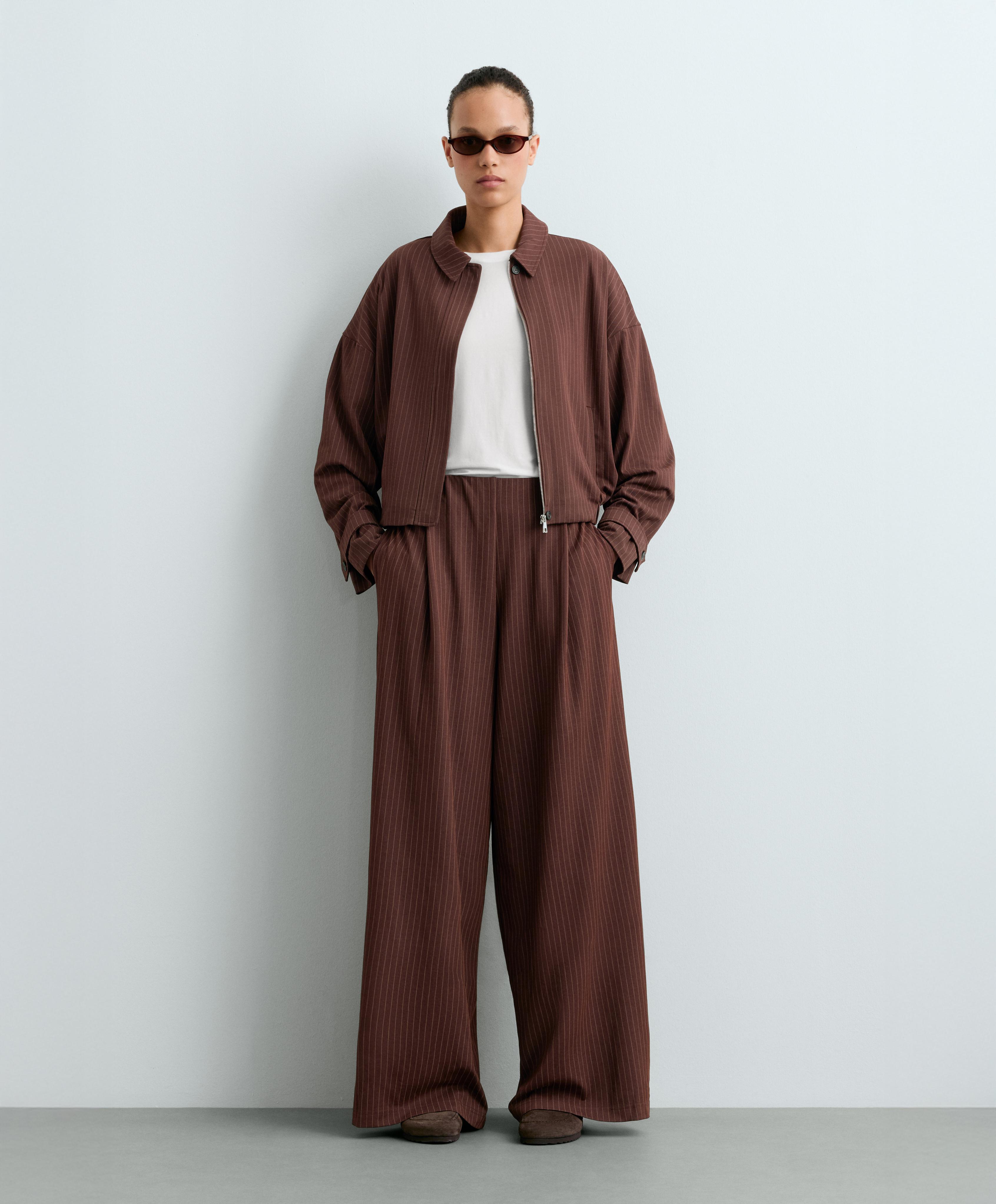 Wide-leg pinstripe piqué cotton crop trousers — CHOCOLATE