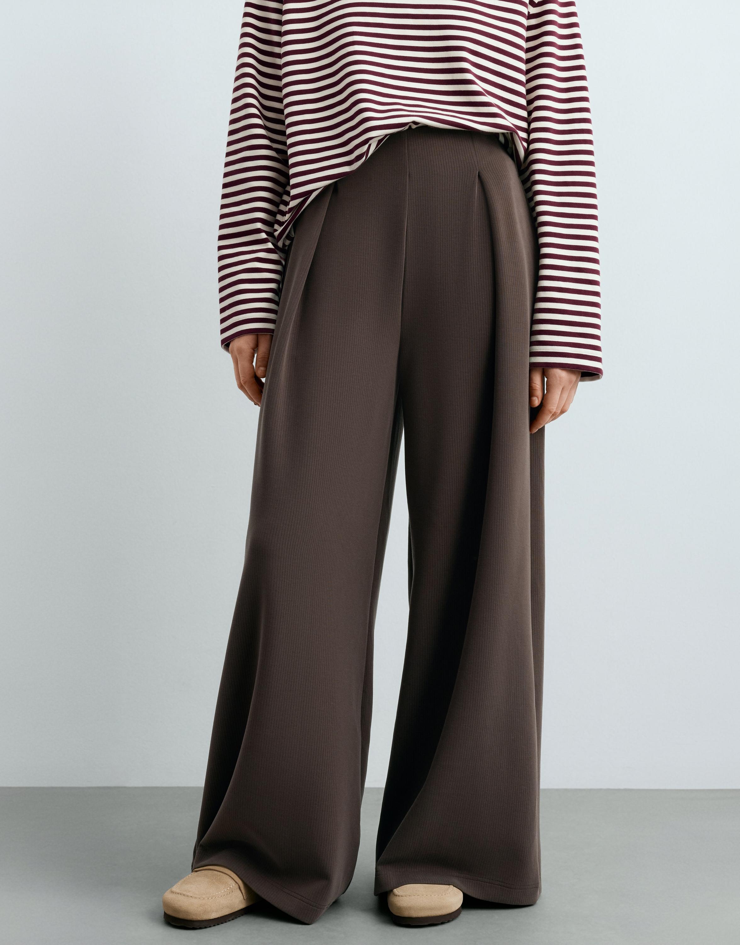 Wide striped trousers with modal — BROWN