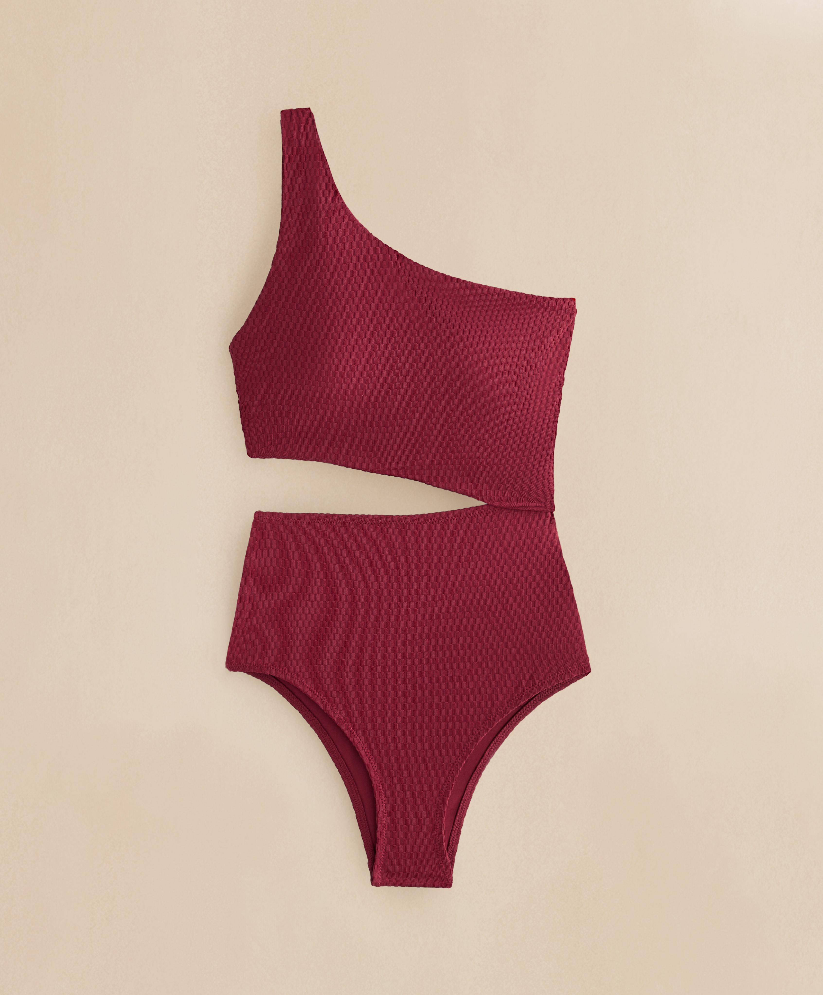 Mini check jacquard asymmetric trikini — PALE PLUM