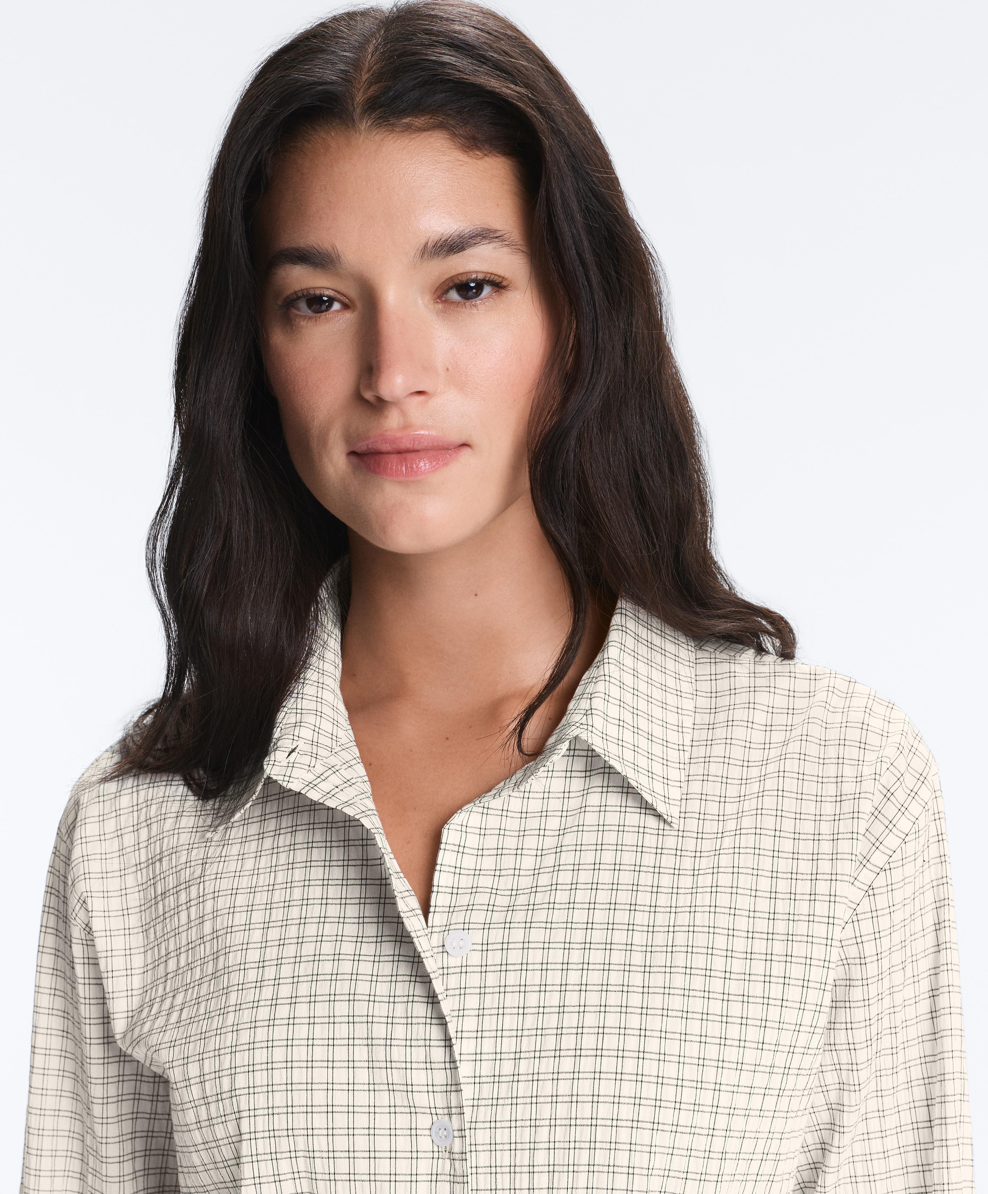 Cotton blend check long sleeve shirt — WHITE