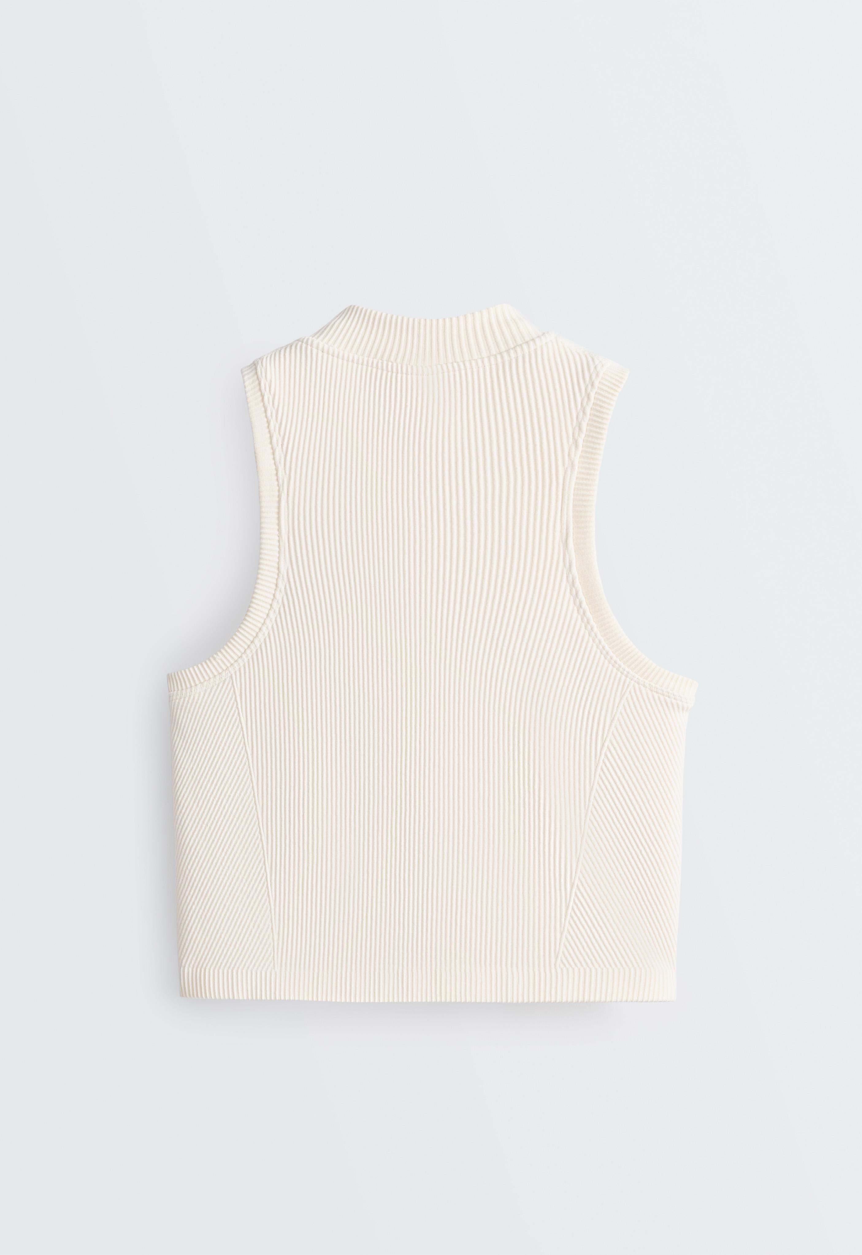 Sleeveless seamless rib tank top with half-zip — PALE ECRU