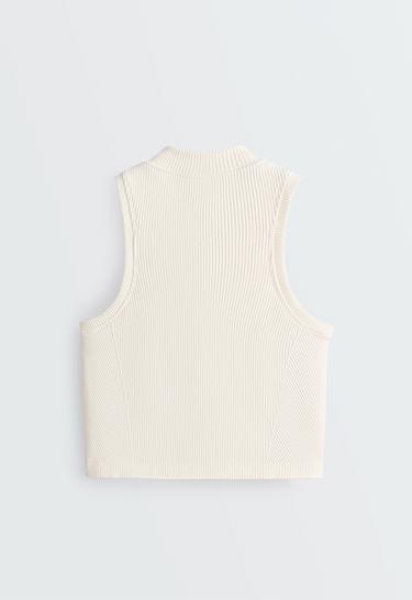 Sleeve-free seamless rib half-zip tank top — PALE ECRU 8