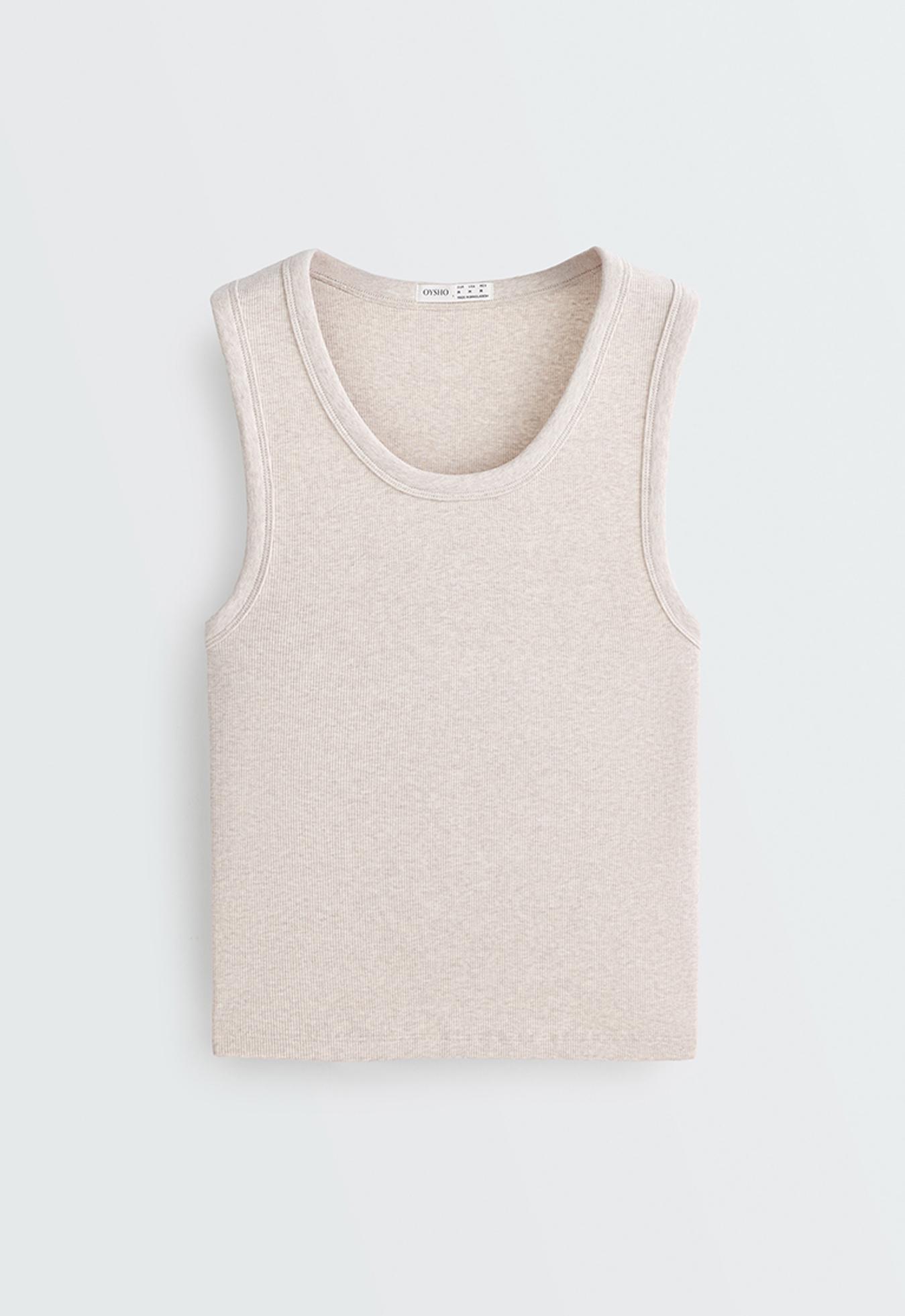 Rib T-shirt with wide straps, cotton and modal — SAND MELANGE