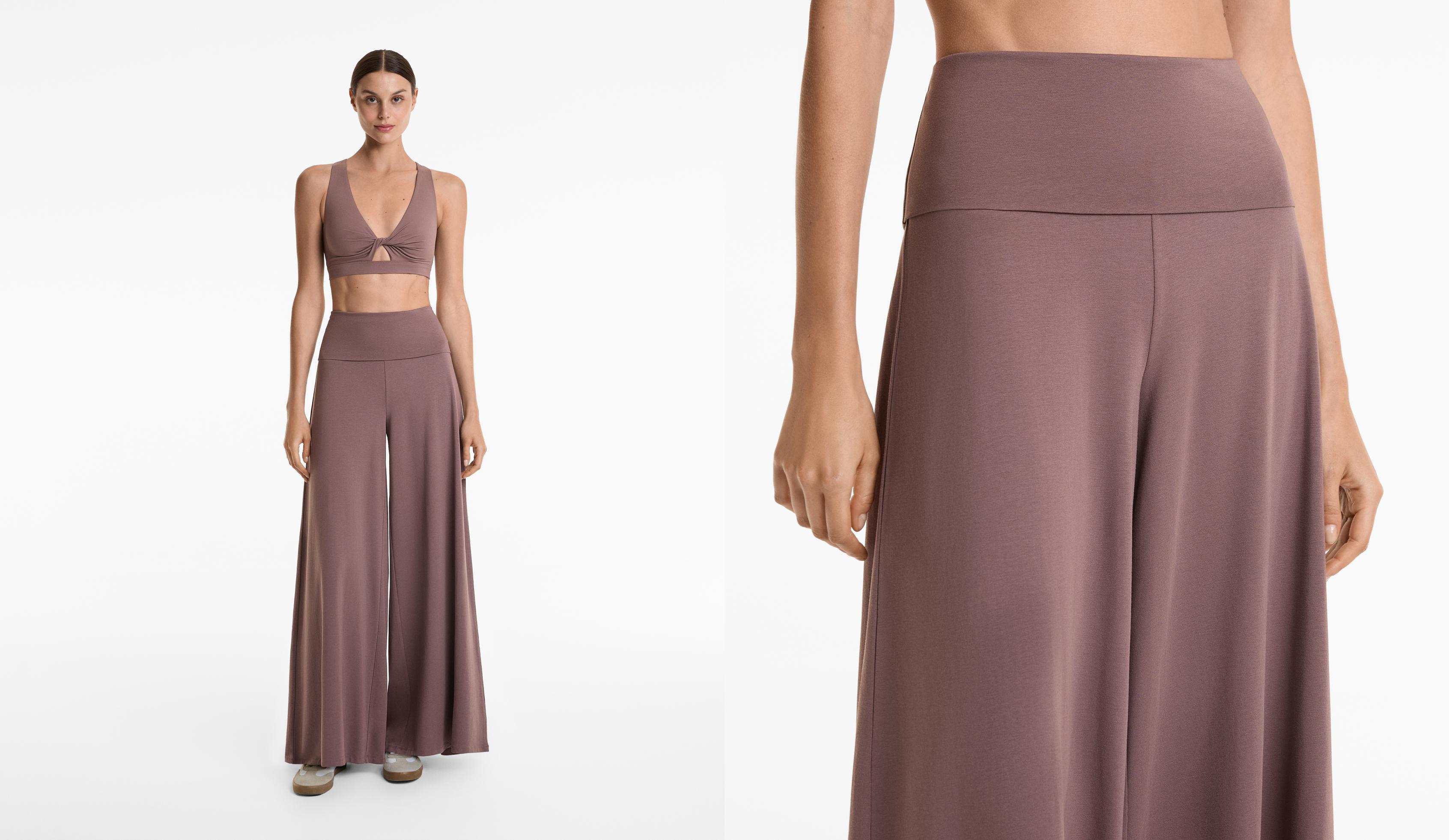 Foldover waist cotton blend palazzo trousers