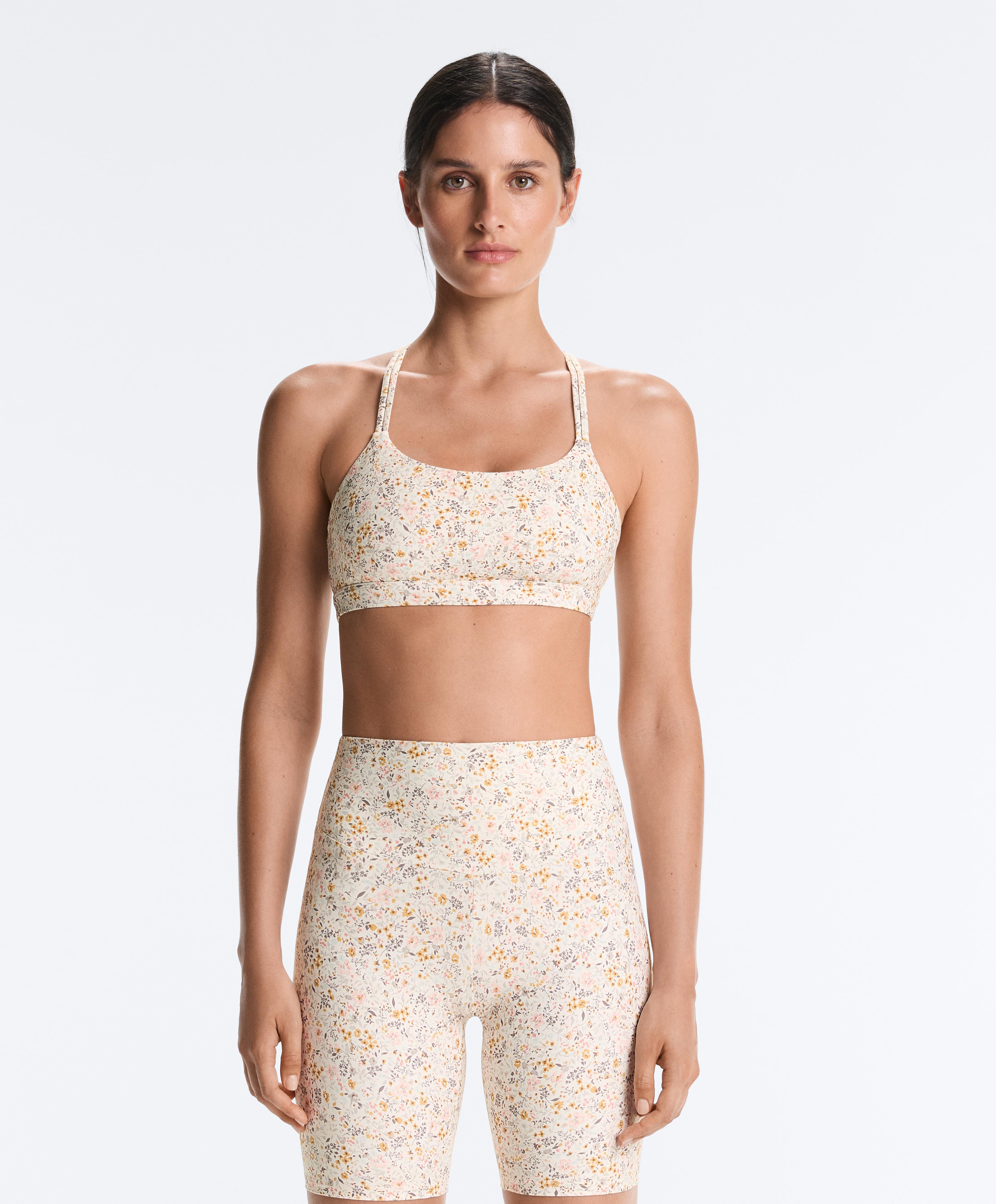 Floral print medium-support Comfortlux sports bra — PALE ECRU