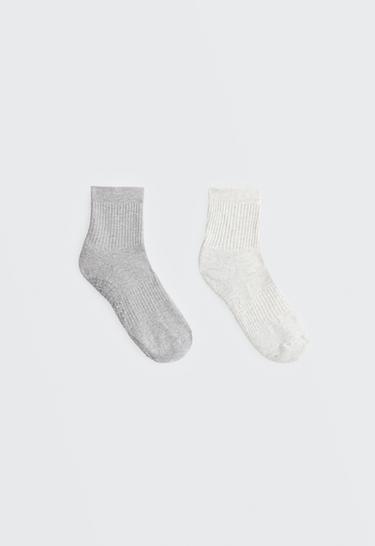 2 pairs of padded cotton quarter yoga and Pilates socks — PALE GREY MELANGE 1