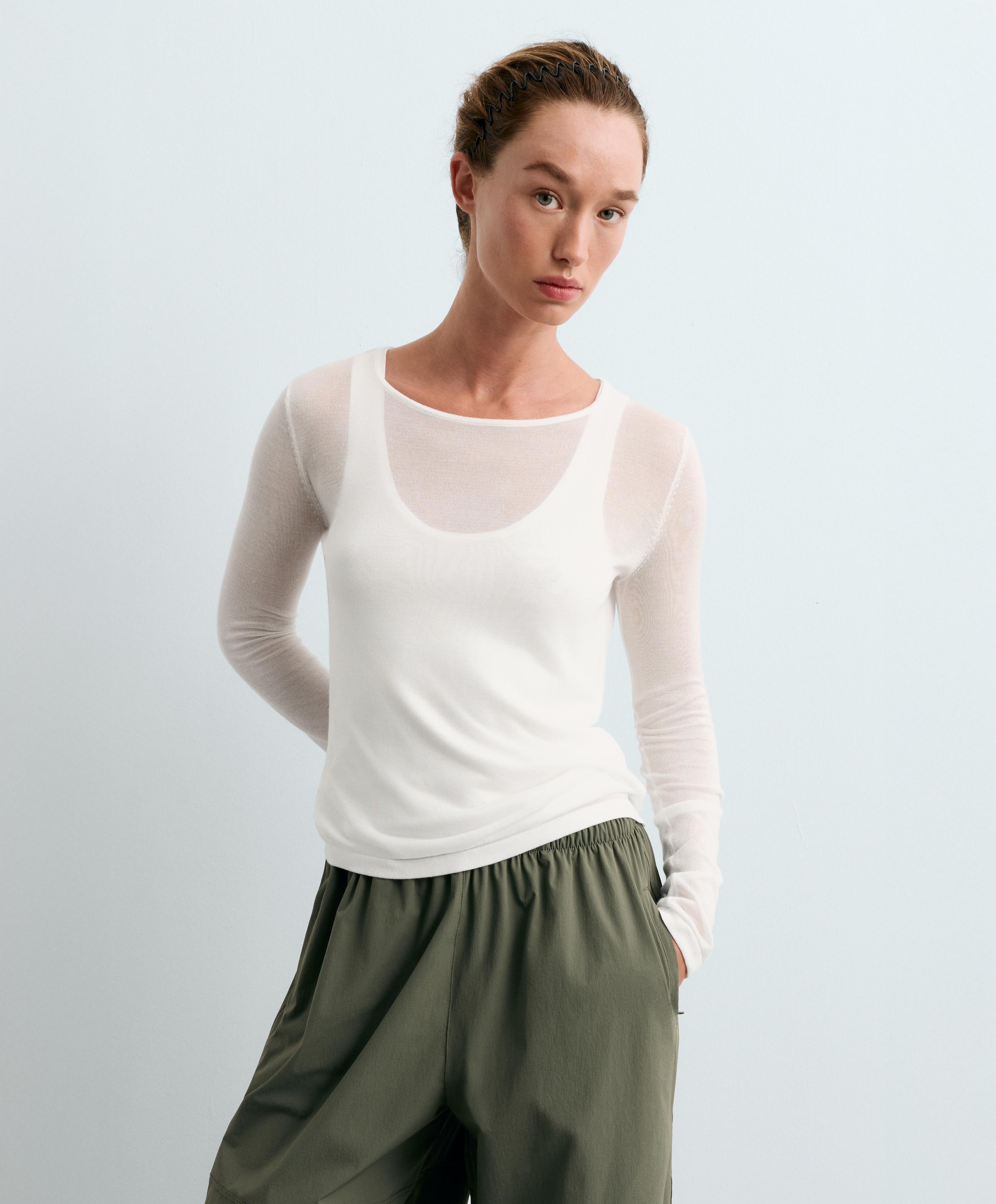 Long-sleeved sheer double-layer top — WHITE