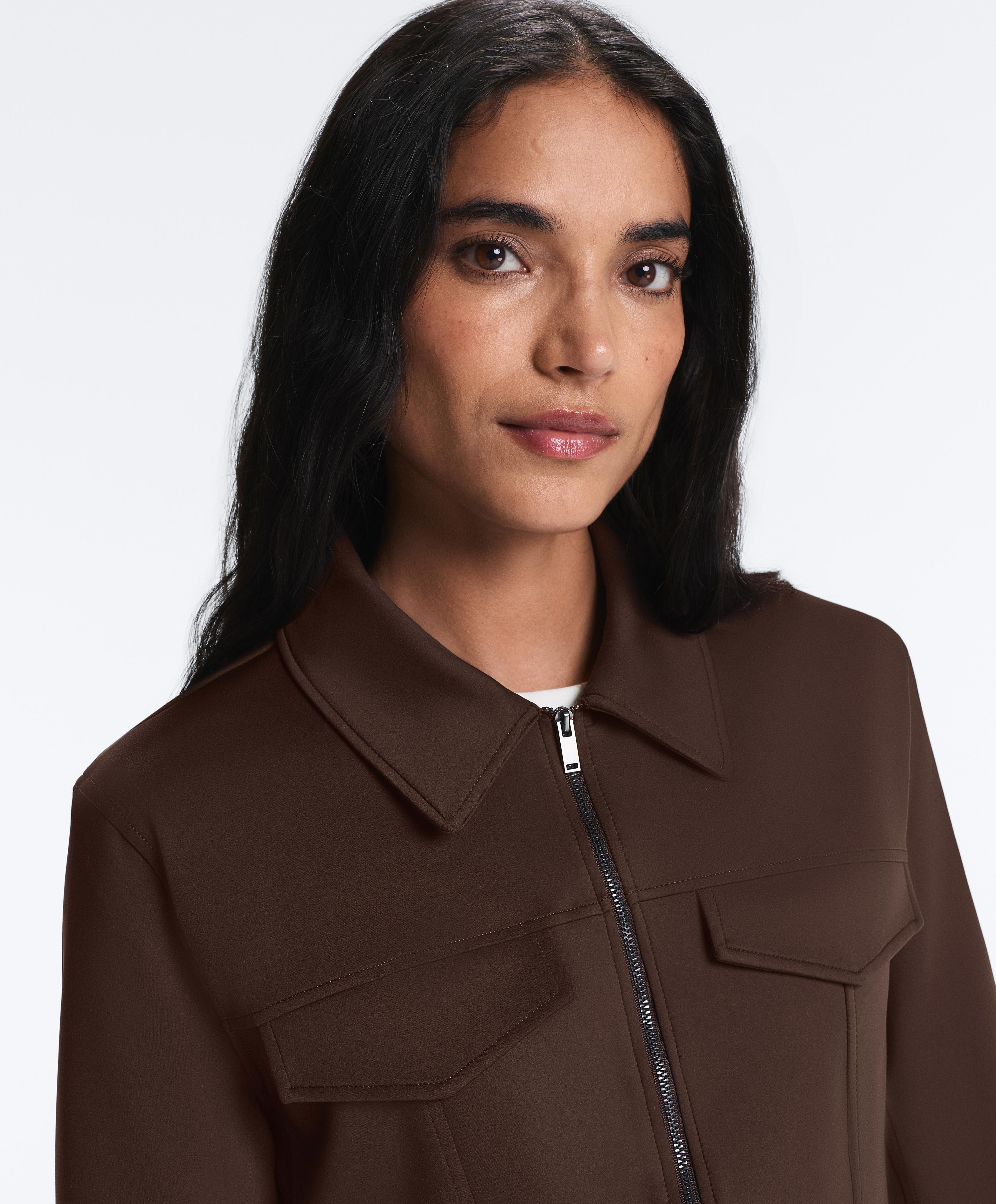 Neoprene-effect peplum jacket with ribbing — BROWN