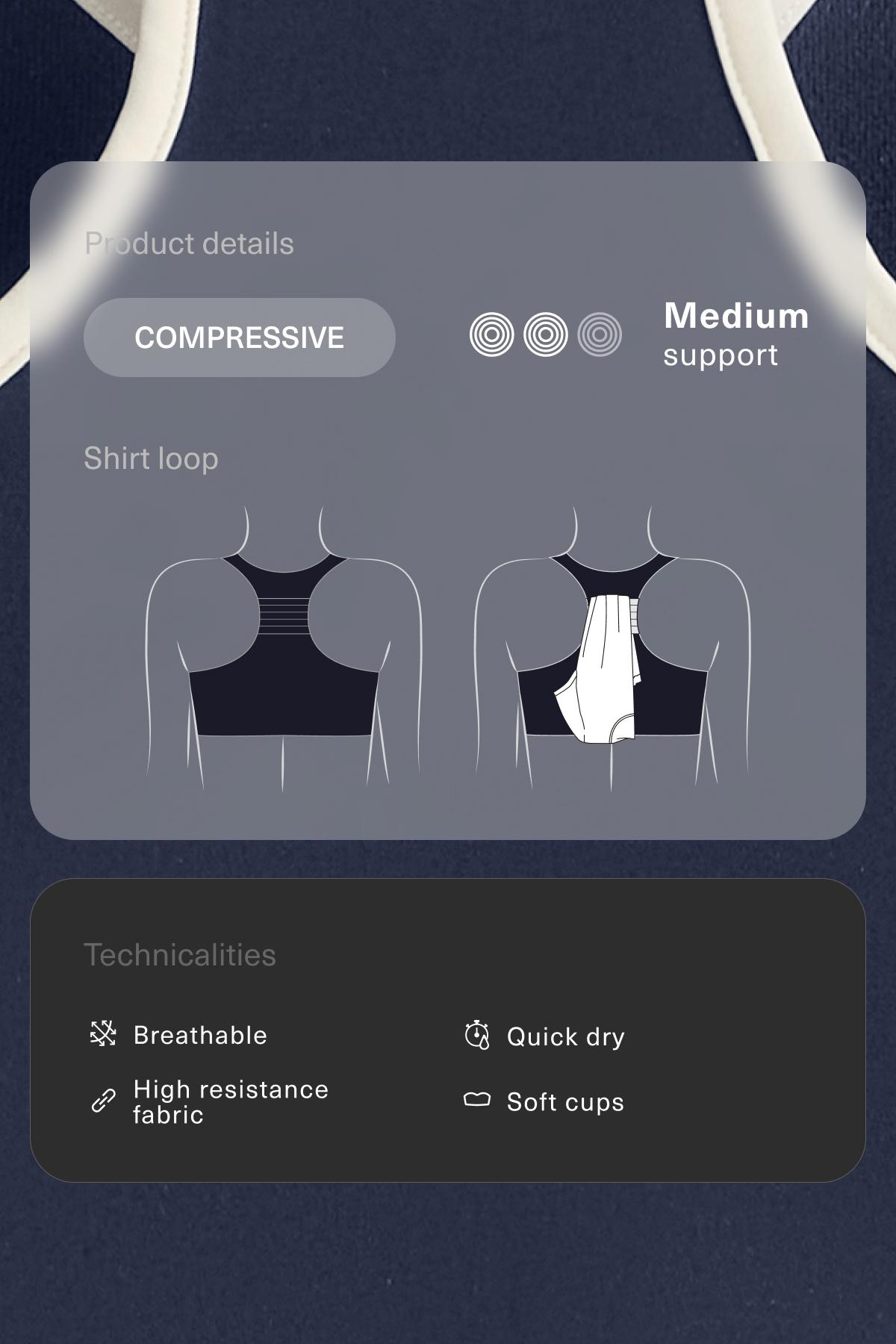 Compressive medium-support sports bra with cups and loop — NAVY BLUE
