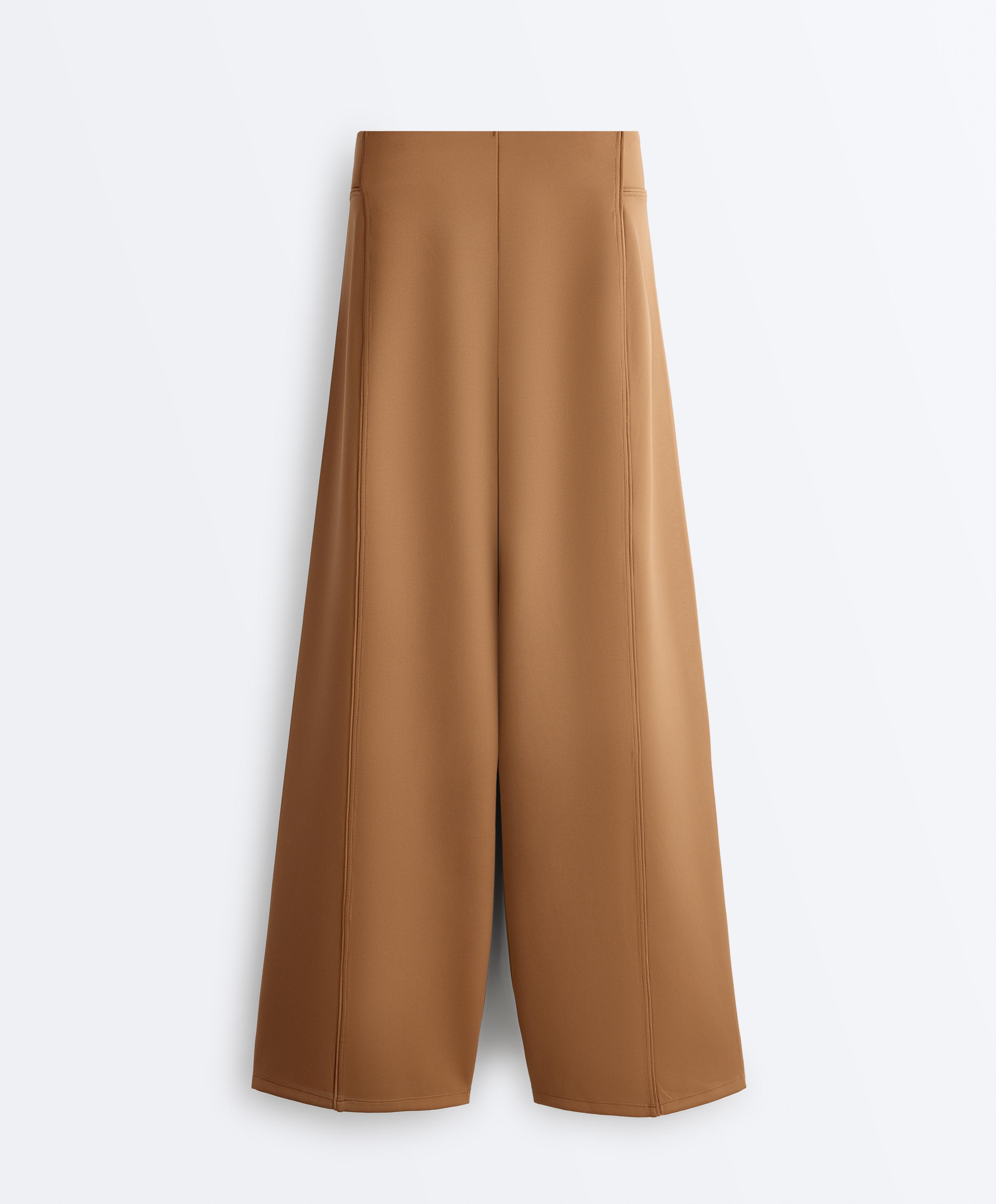 Neoprene effect high rise wide-leg trousers — PALE BROWN