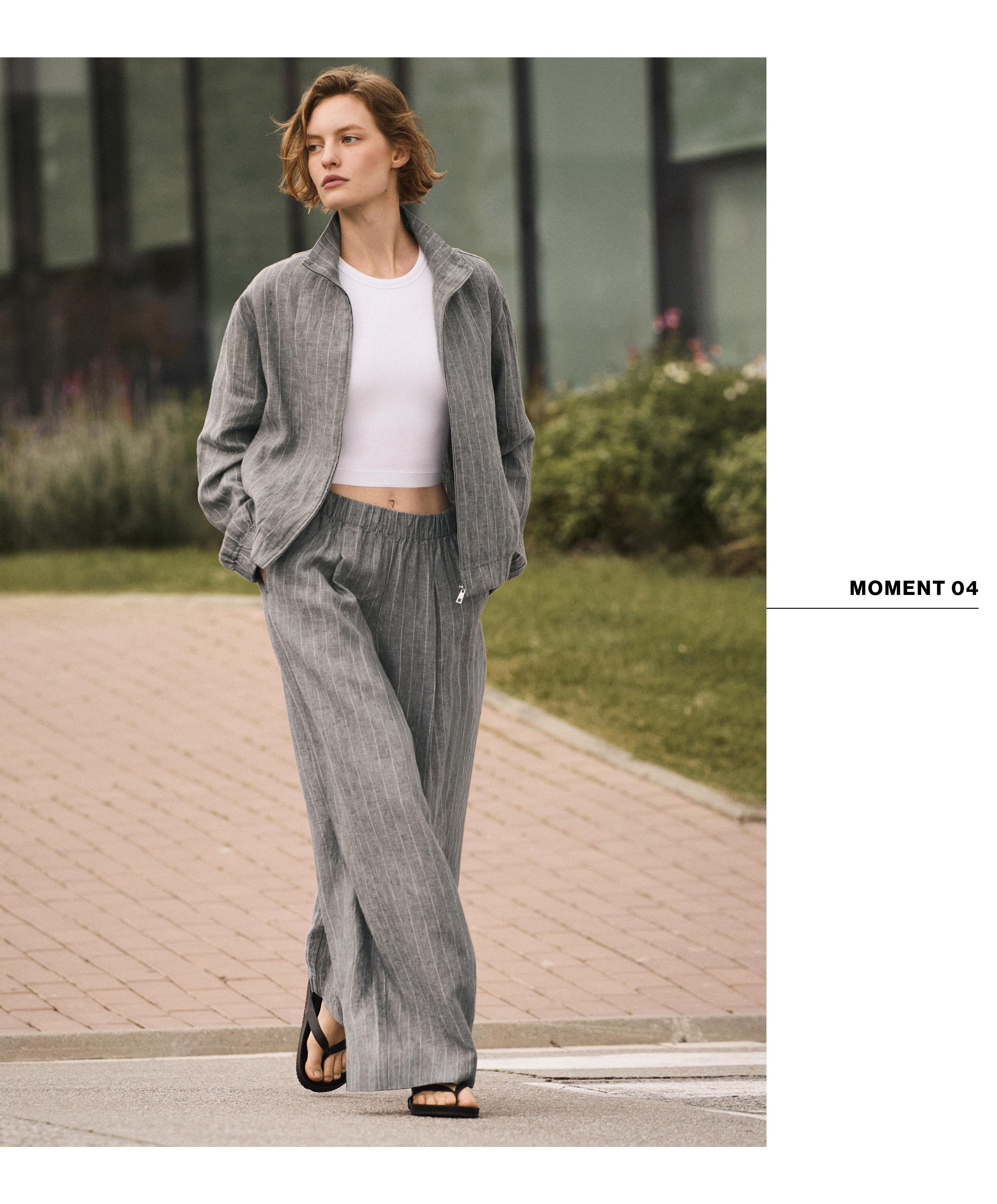 100% linen wide-leg striped trousers — MID GREY