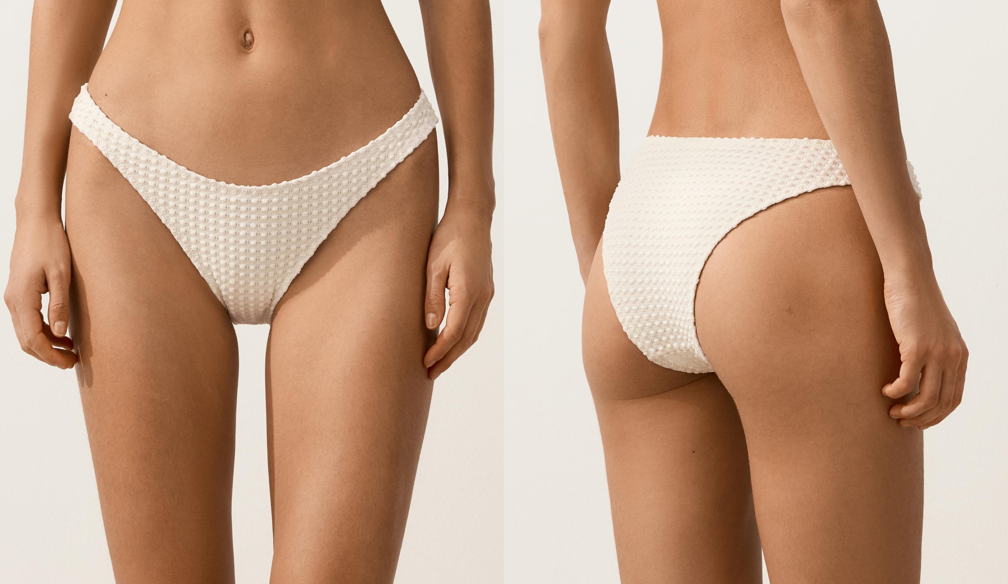 U-cut bubble-texture crochet medium-coverage bikini briefs — ECRU
