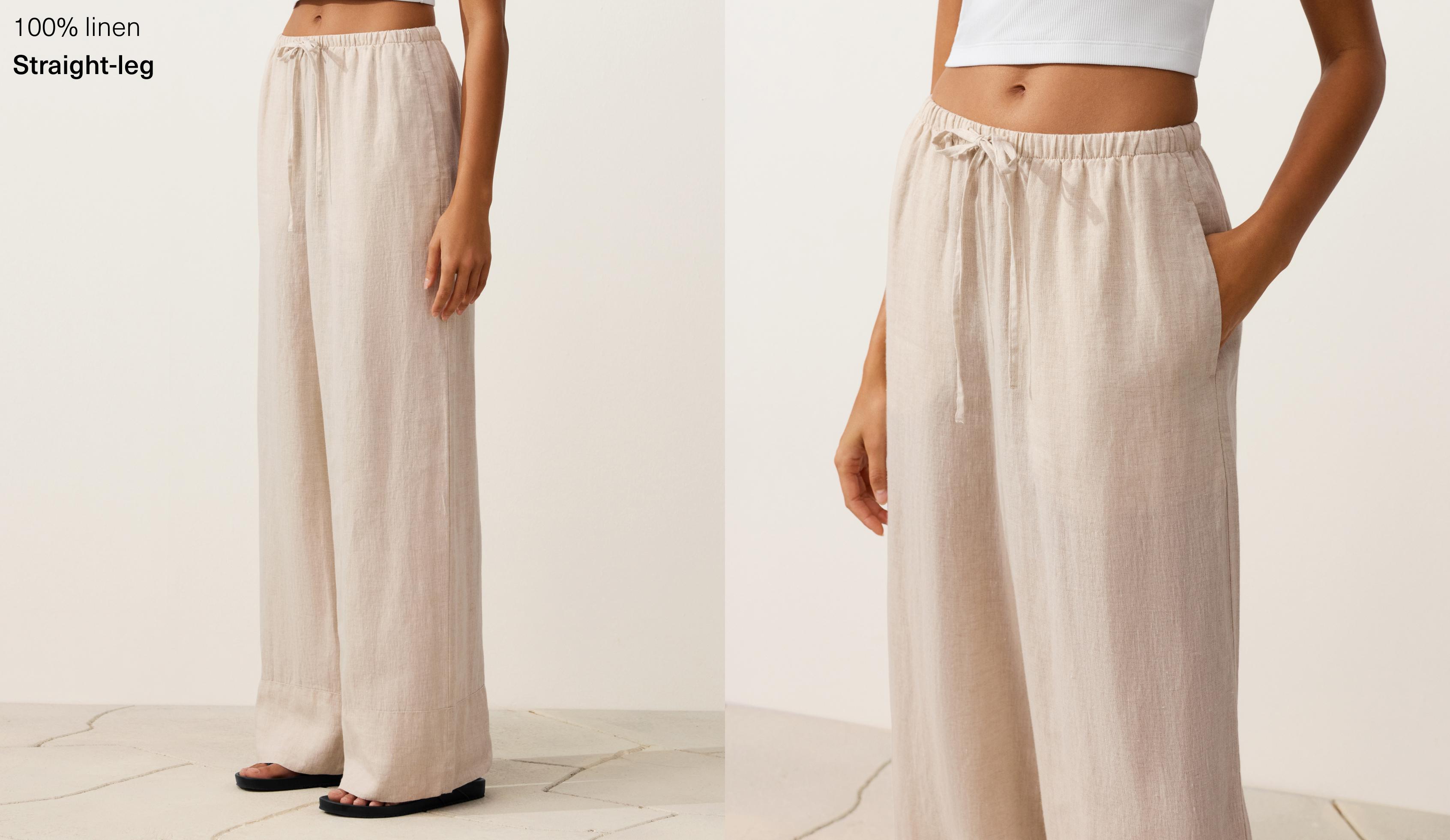 100% linen straight-leg trousers — SAND MELANGE
