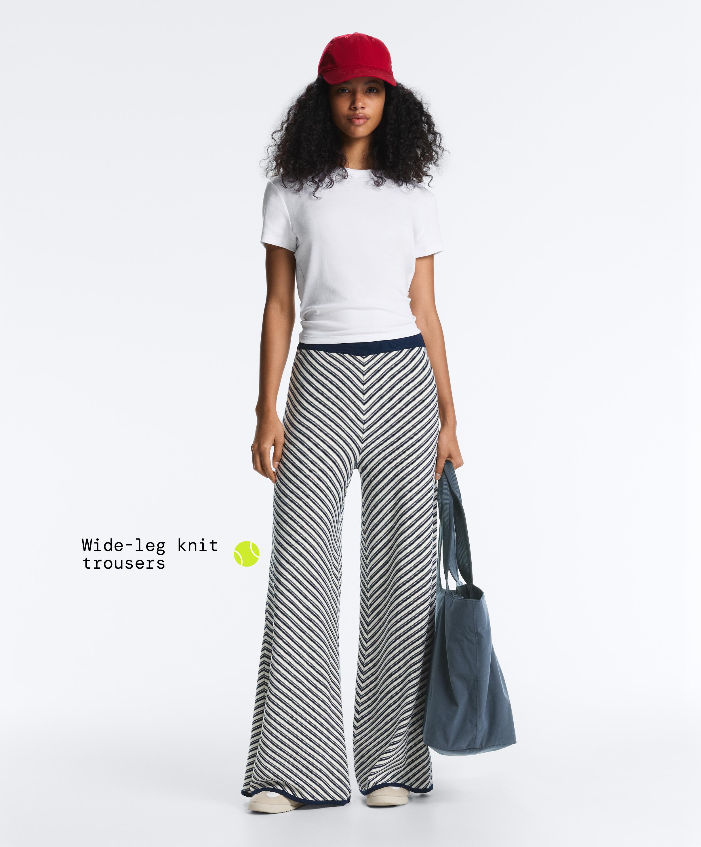 Diagonal stripe wide-leg knit trousers — NAVY BLUE