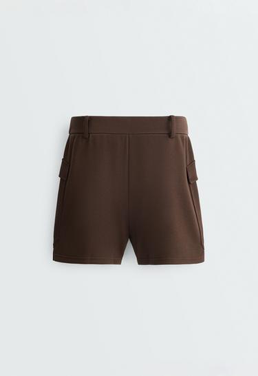 Short piqué skirt with cotton pockets — DARK BROWN 9