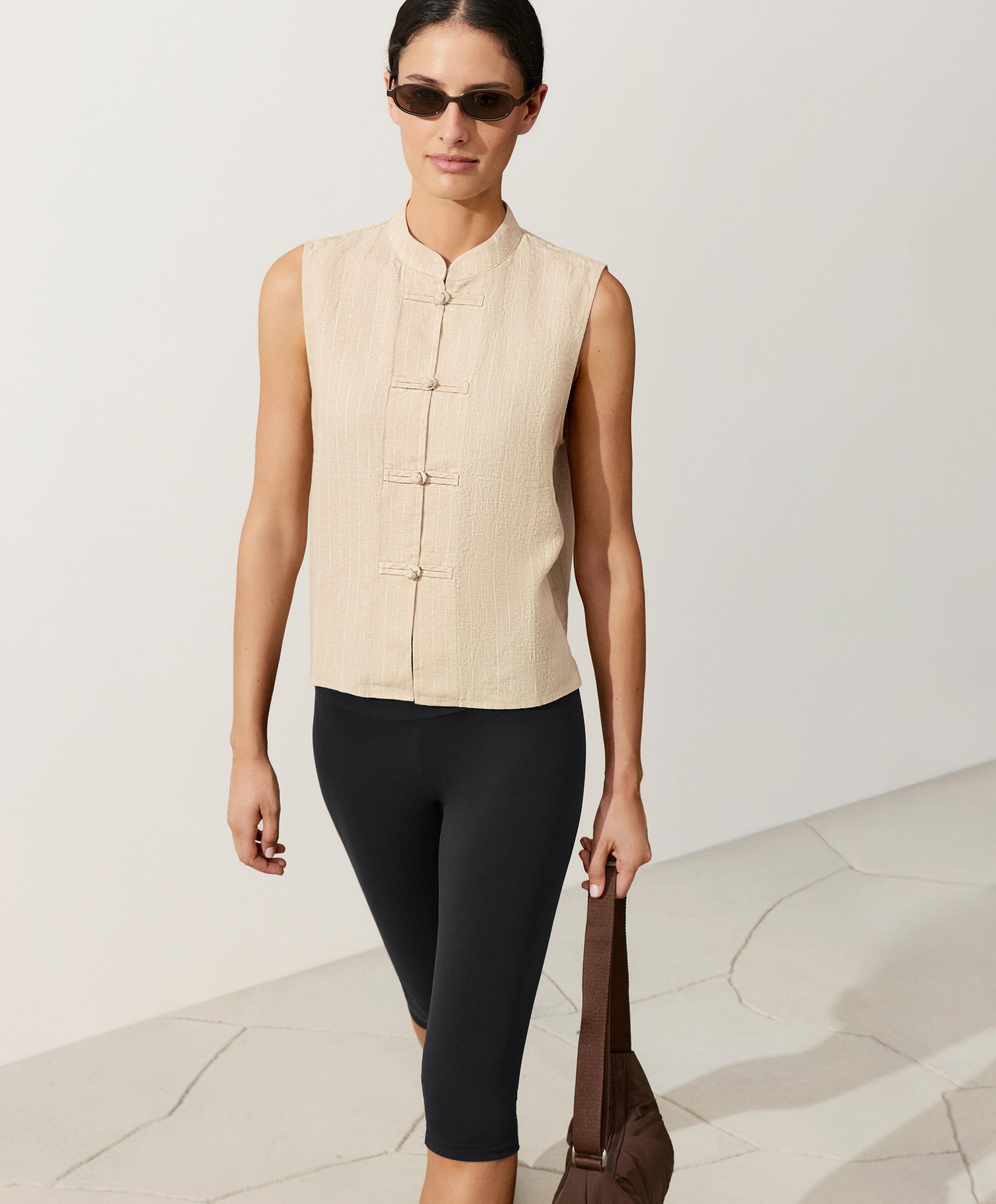 100% linen sleeveless stand-up collar shirt — SANDY