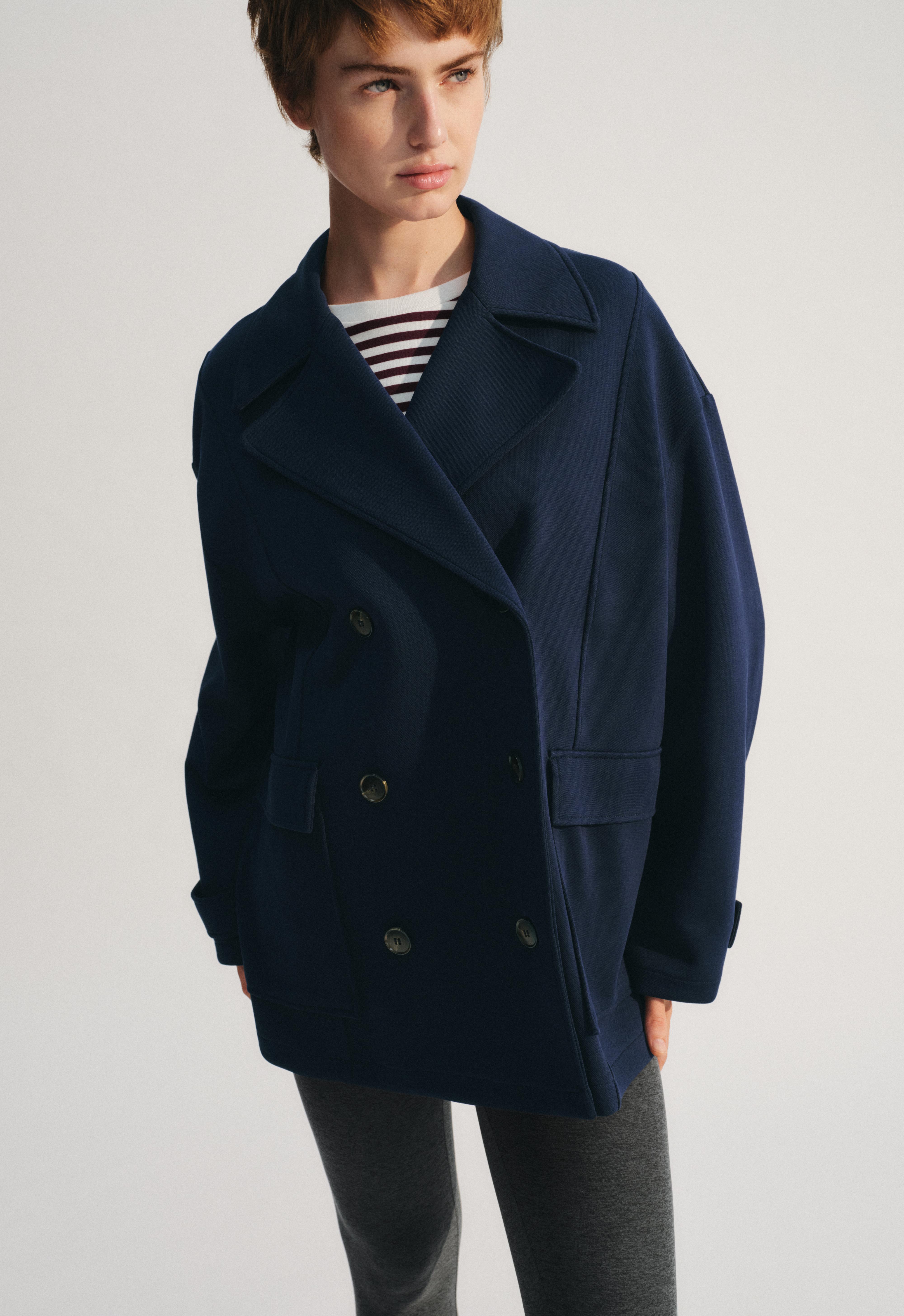 6-button long piqué cotton jacket — NAVY BLUE