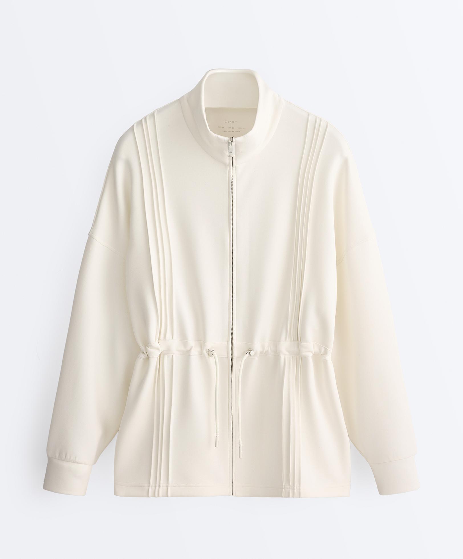 Long jacket with ribbed high neck and soft-touch modal — PALE ECRU