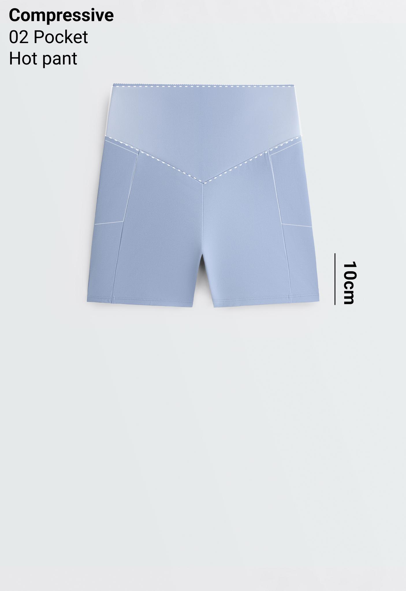 Front view of light blue shorts. High-waisted, slim-fit design with visible V-stitching and side pockets. — photo 1 of 1