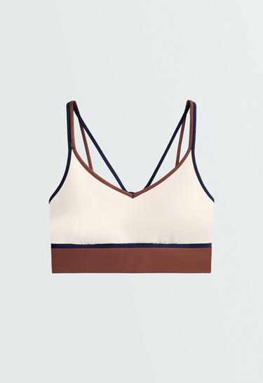 Contrast colour block medium-support Comfortlux sports bra — PALE ECRU 7