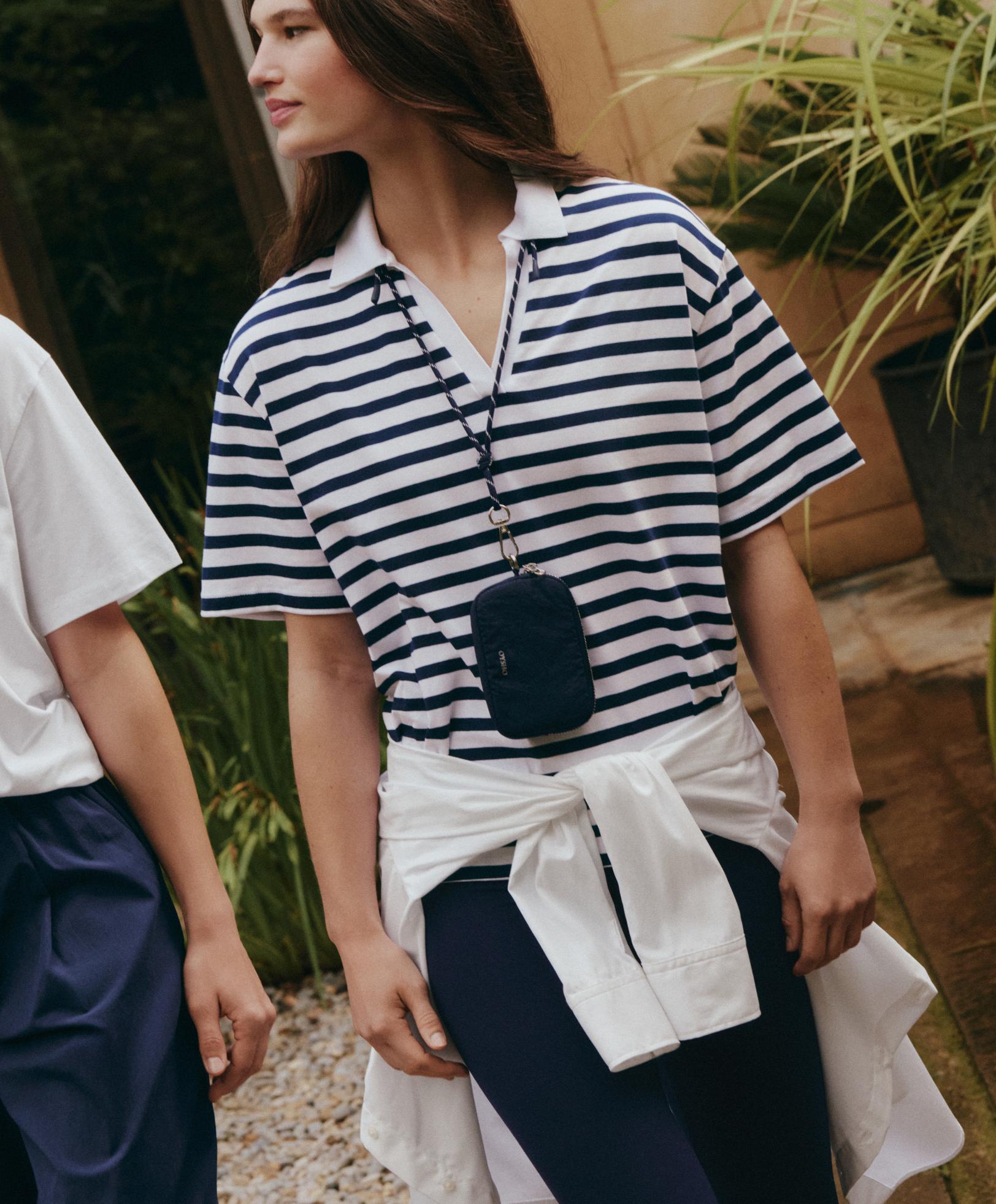 Boxy short-sleeved polo neck cotton blend T-shirt — NAVY BLUE