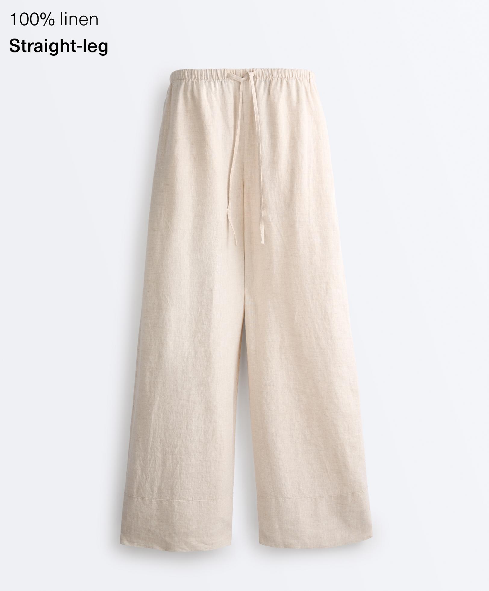 100% linen straight-leg print trousers