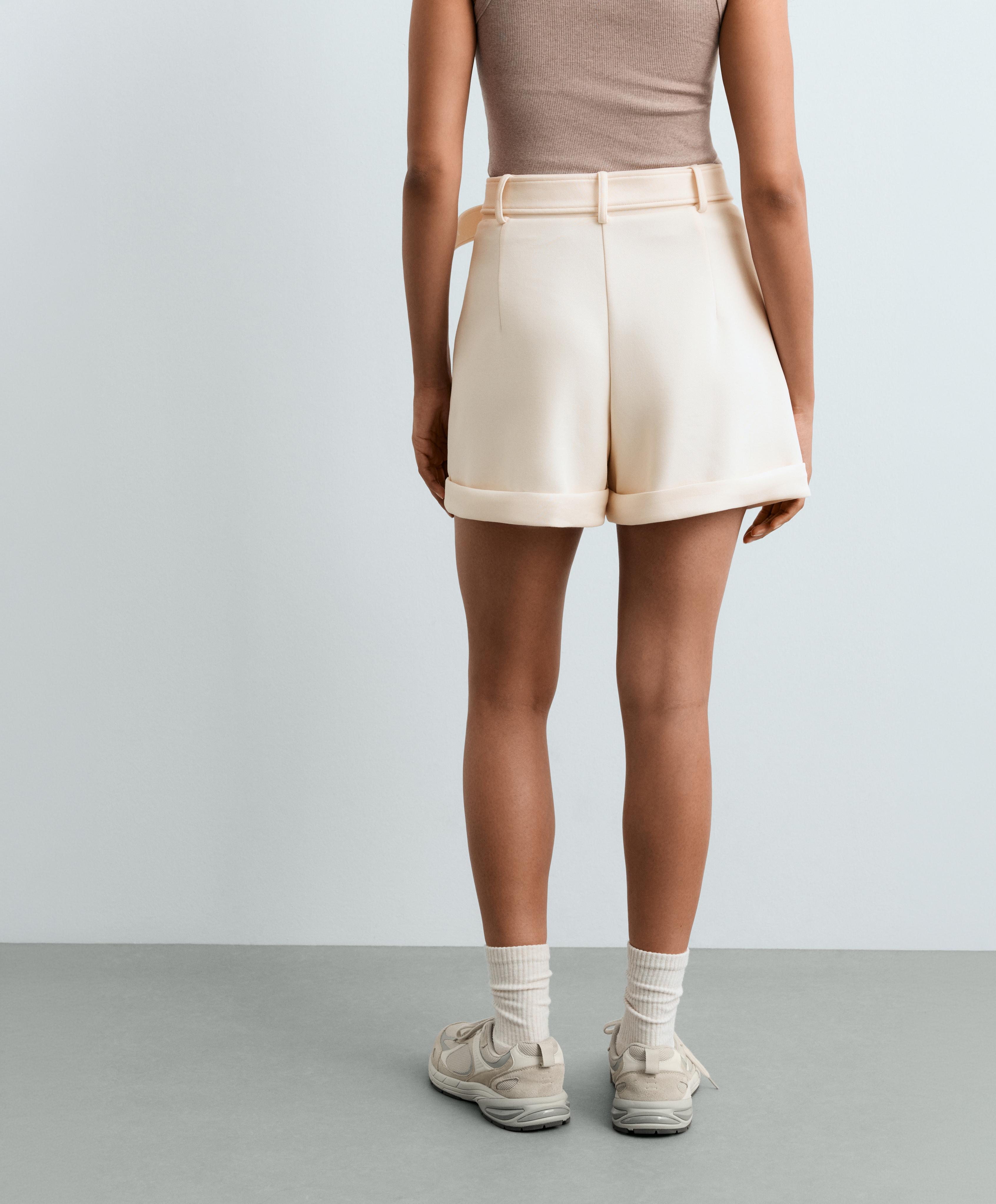 Cotton piqué belted shorts — PALE ECRU