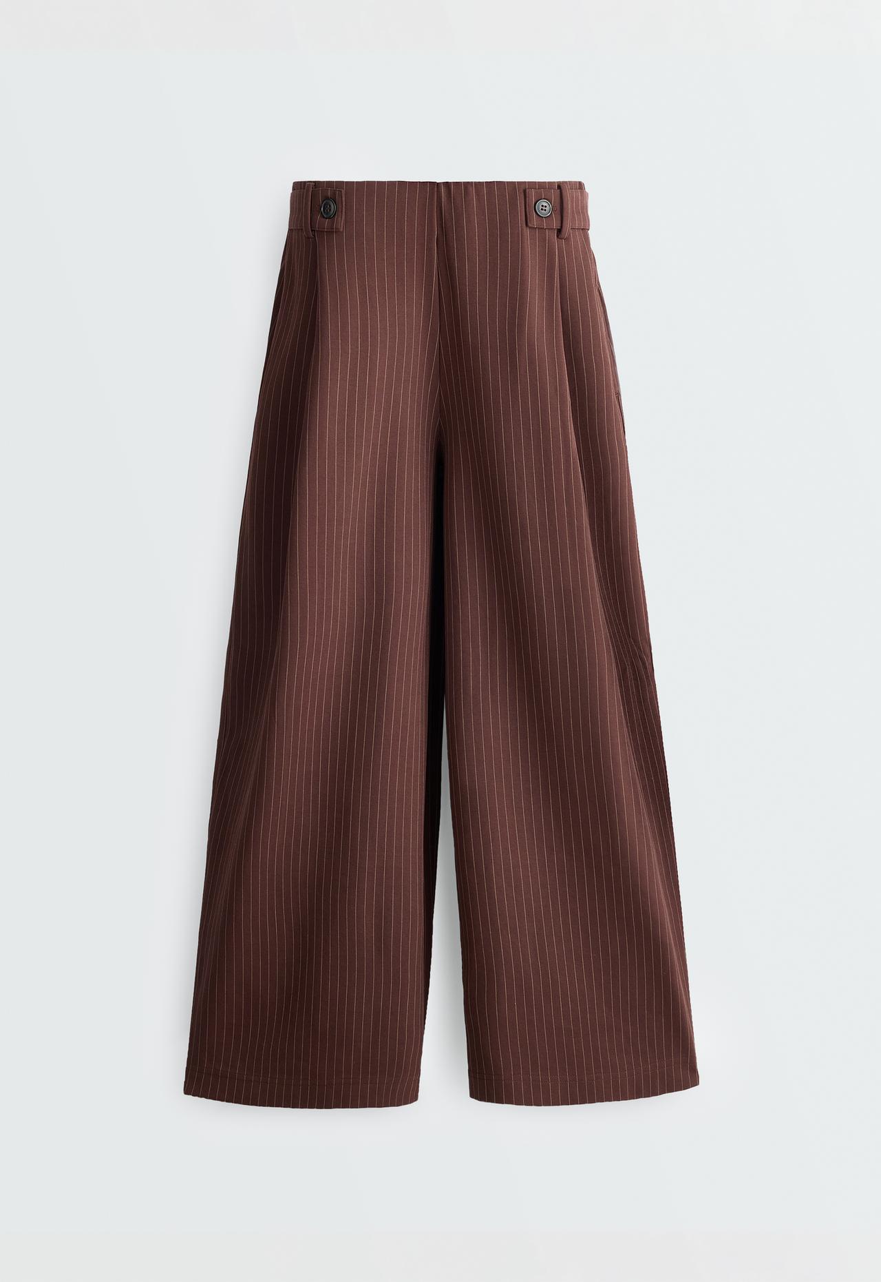 Wide-leg pinstripe piqué cotton crop trousers — CHOCOLATE