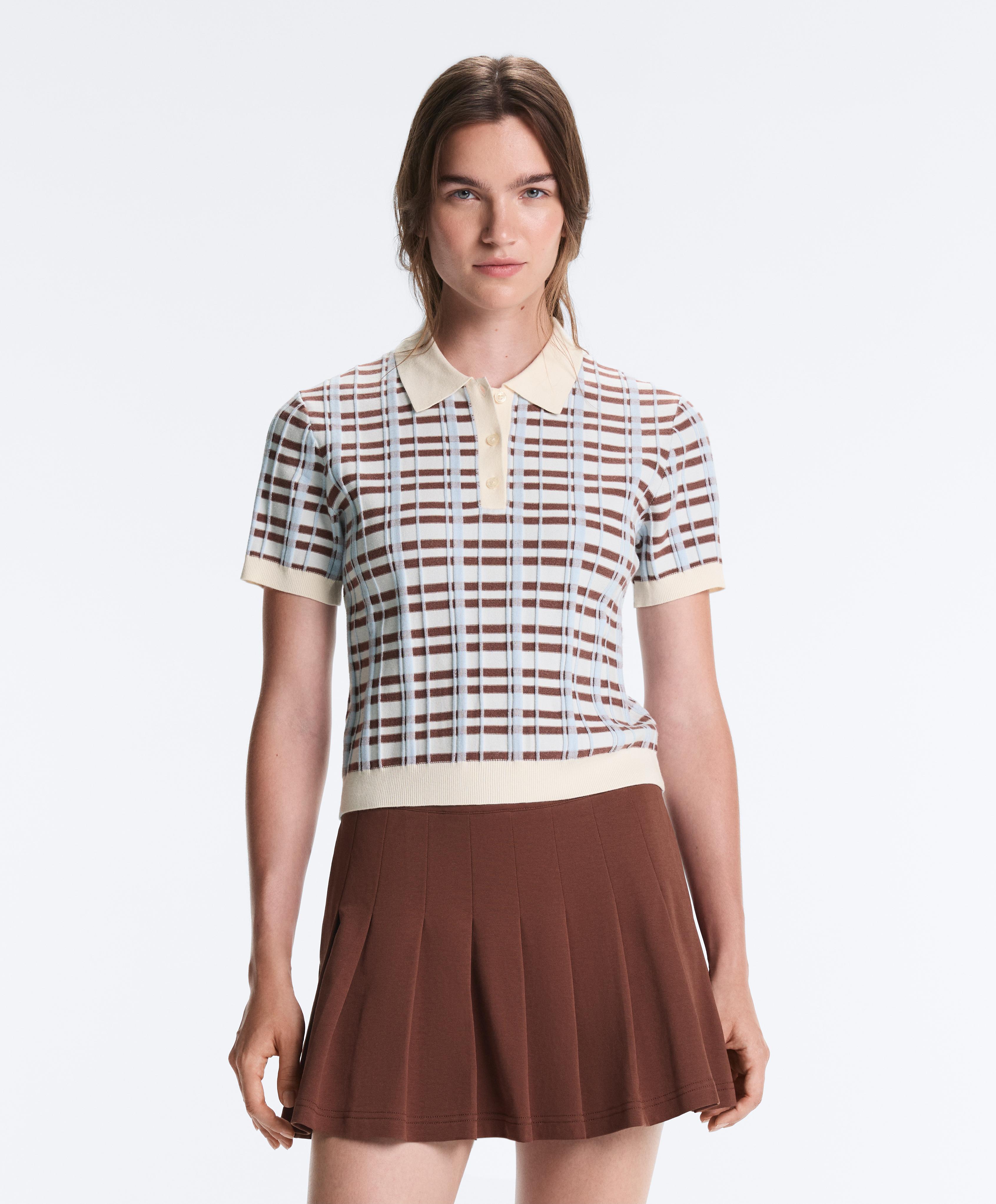 Short sleeve check knit polo shirt — PALE ECRU